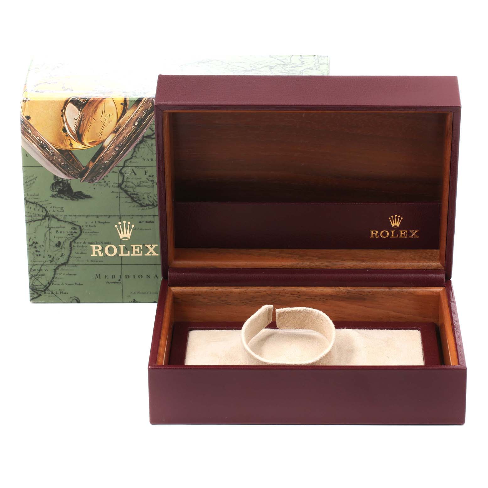 The image shows an open Rolex watch box for the President model, including the outer box and cushion holder inside.
