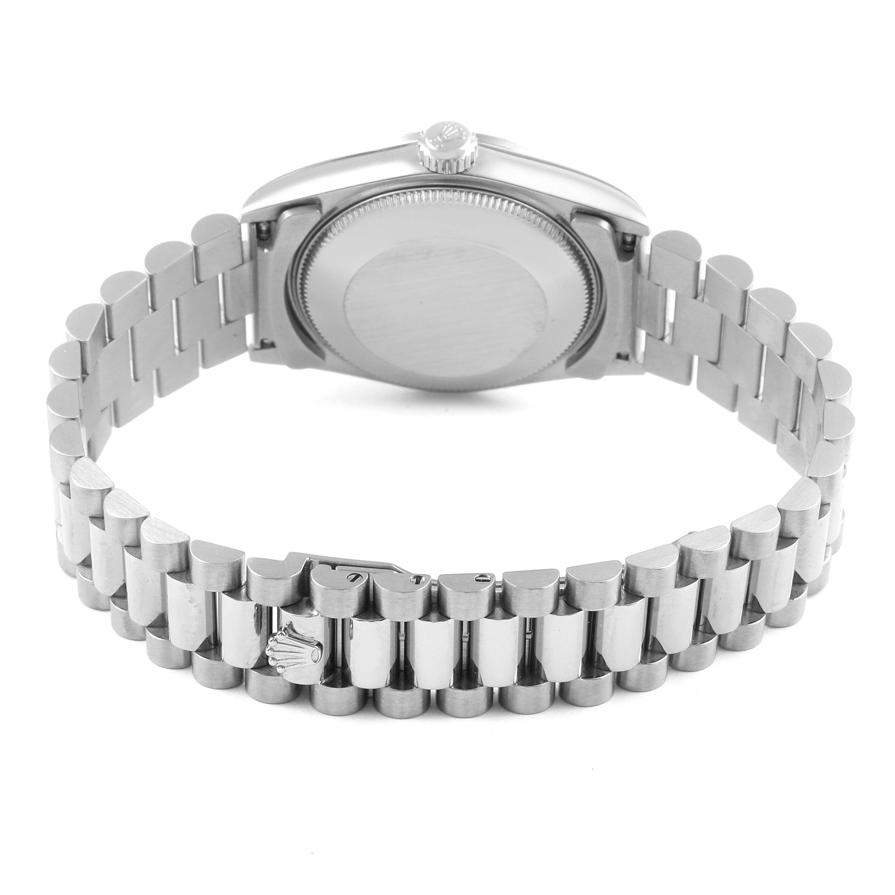 The image shows the back view and bracelet of a Rolex President 78279 Women's White Gold Silver Dial 78279 Women's White Gold Silver Dial model watch, highlighting the clasp and case back.