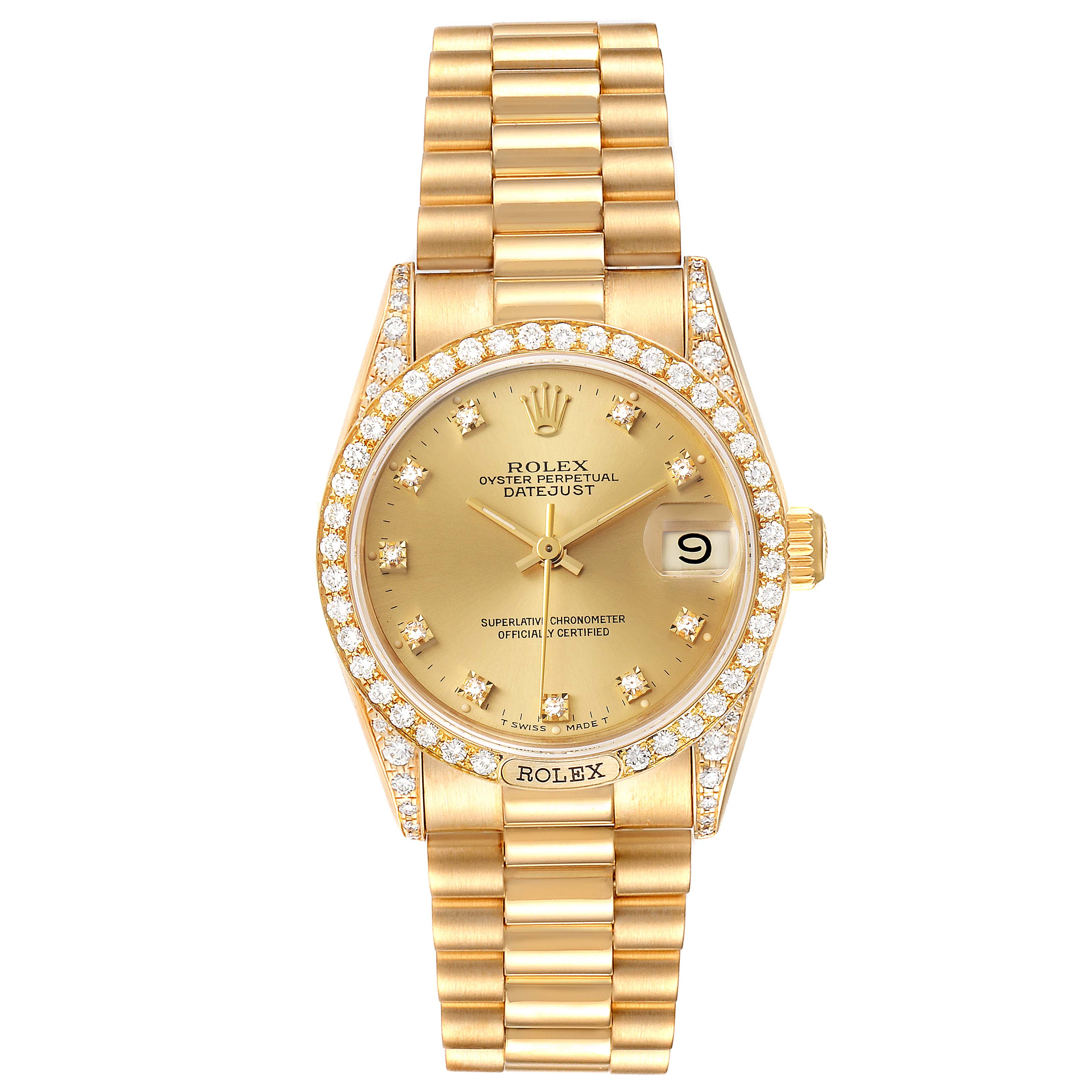 The image shows a front view of the Rolex President 69158 Women
s Yellow Gold Champagne Dial 69158 Women
s Yellow Gold Champagne Dial model watch, highlighting its gold bracelet, diamond bezel, and date display.