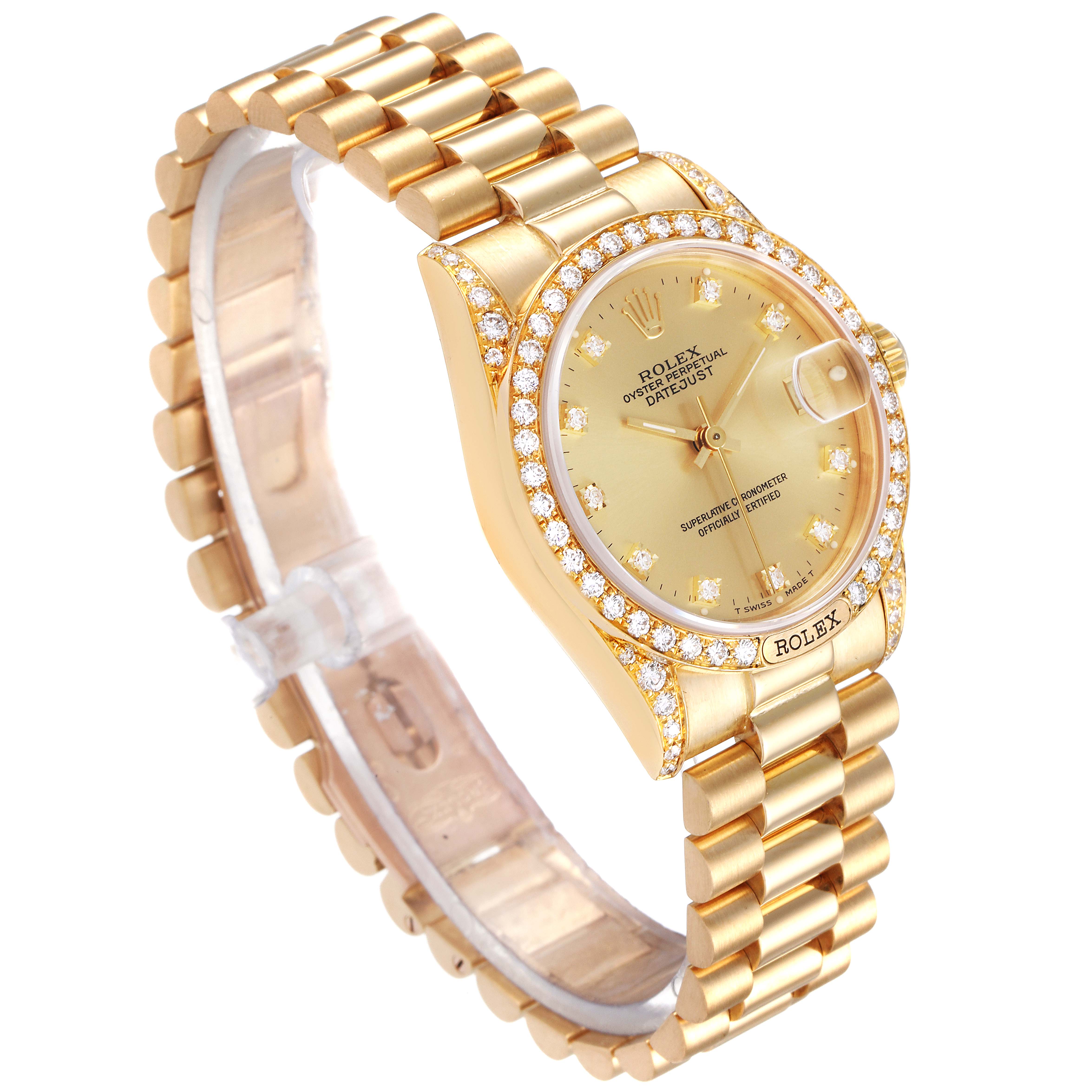 The image shows a Rolex President 69158 Women
s Yellow Gold Champagne Dial 69158 Women
s Yellow Gold Champagne Dial model watch at a slight angle, displaying the face, band, and bezel adorned with diamonds.