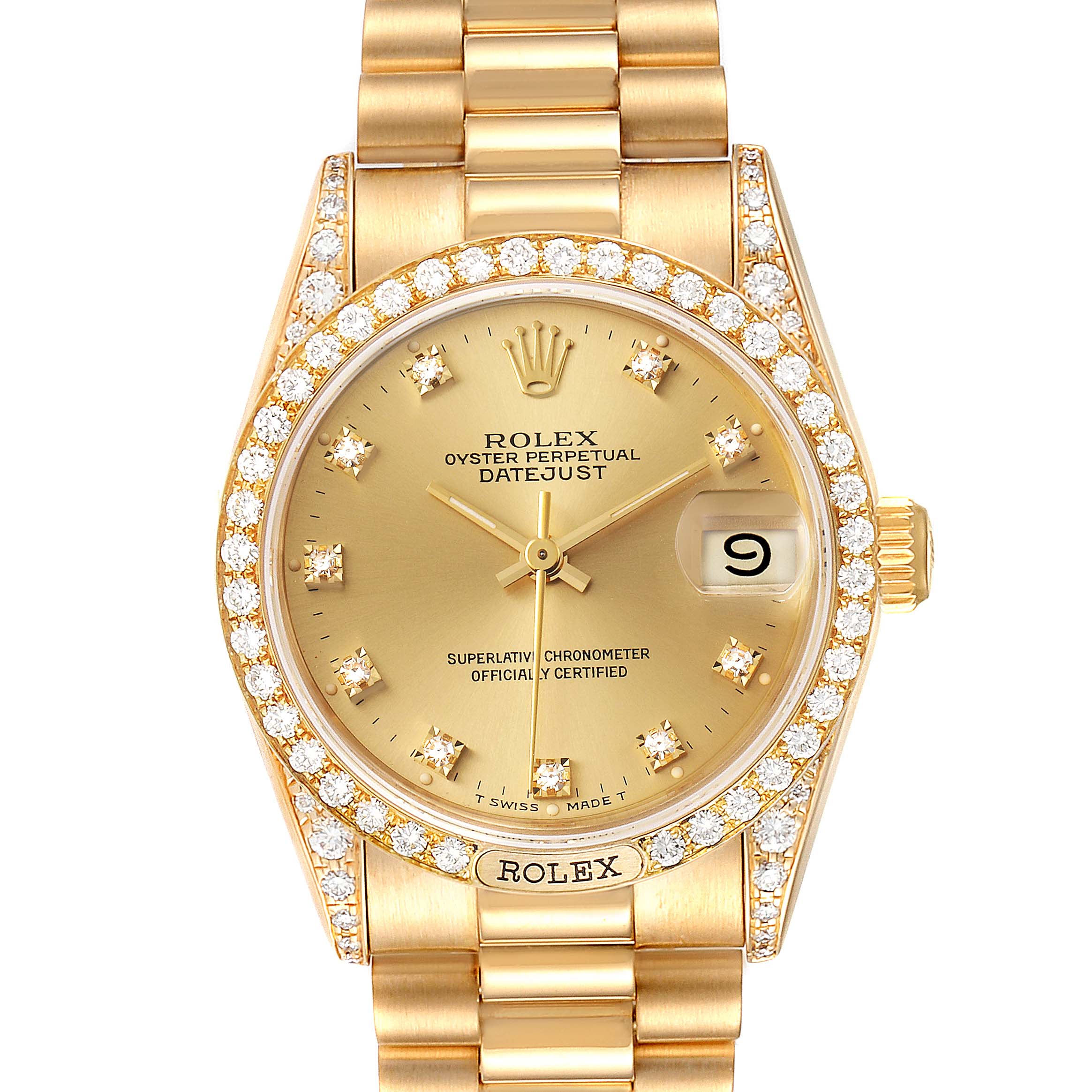The Rolex President 69158 Women
s Yellow Gold Champagne Dial 69158 Women
s Yellow Gold Champagne Dial Datejust watch is shown from the front, displaying its gold face, diamond bezel, and bracelet.