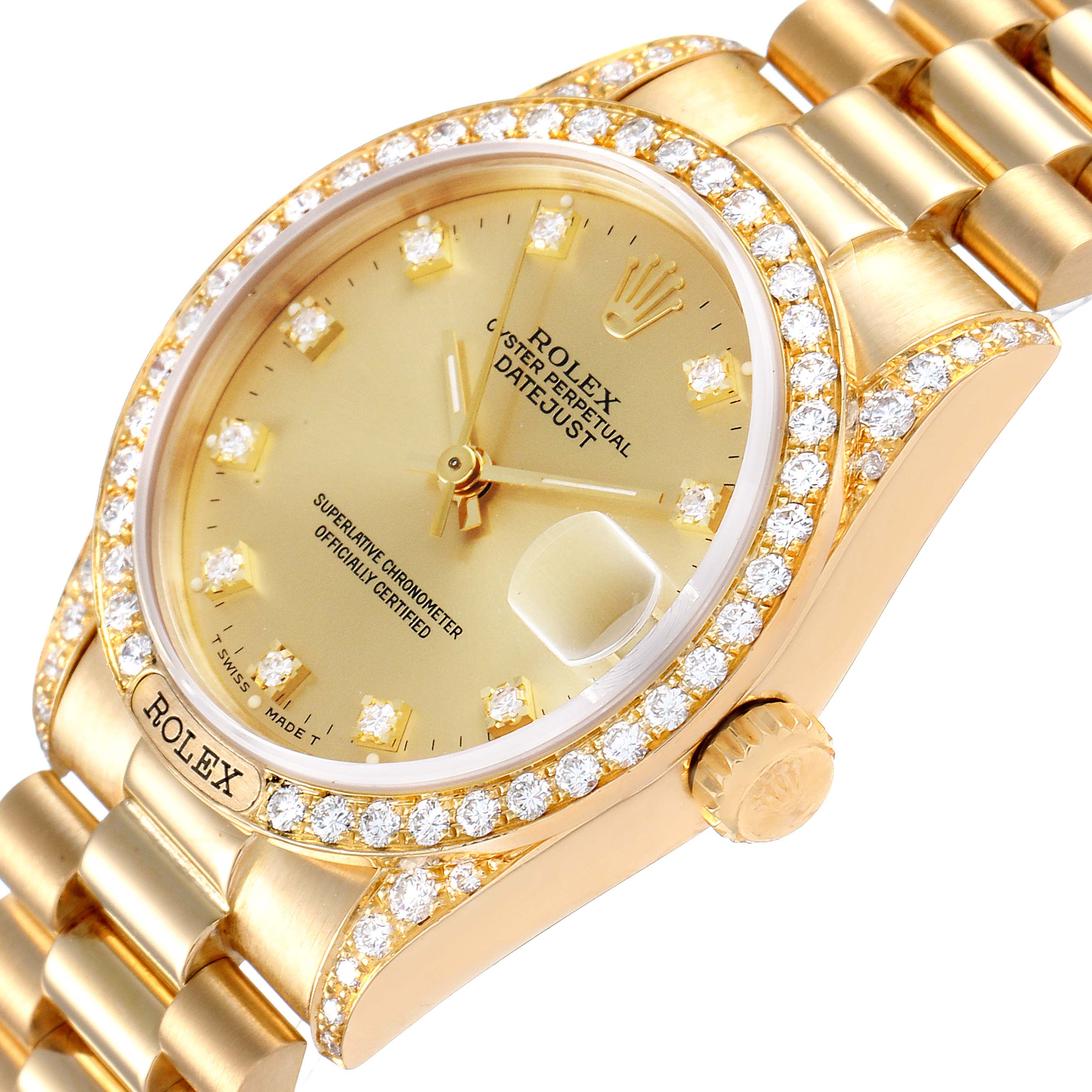This image shows a close-up of the Rolex President 69158 Women
s Yellow Gold Champagne Dial 69158 Women
s Yellow Gold Champagne Dial model watch, highlighting its diamond-studded bezel, yellow gold case, and bracelet. 