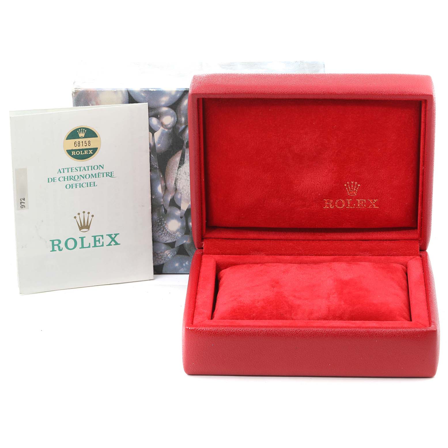 The image shows a red Rolex watch box and an official certification booklet for the Rolex President 69158 Women
s Yellow Gold Champagne Dial 69158 Women
s Yellow Gold Champagne Dial model.
