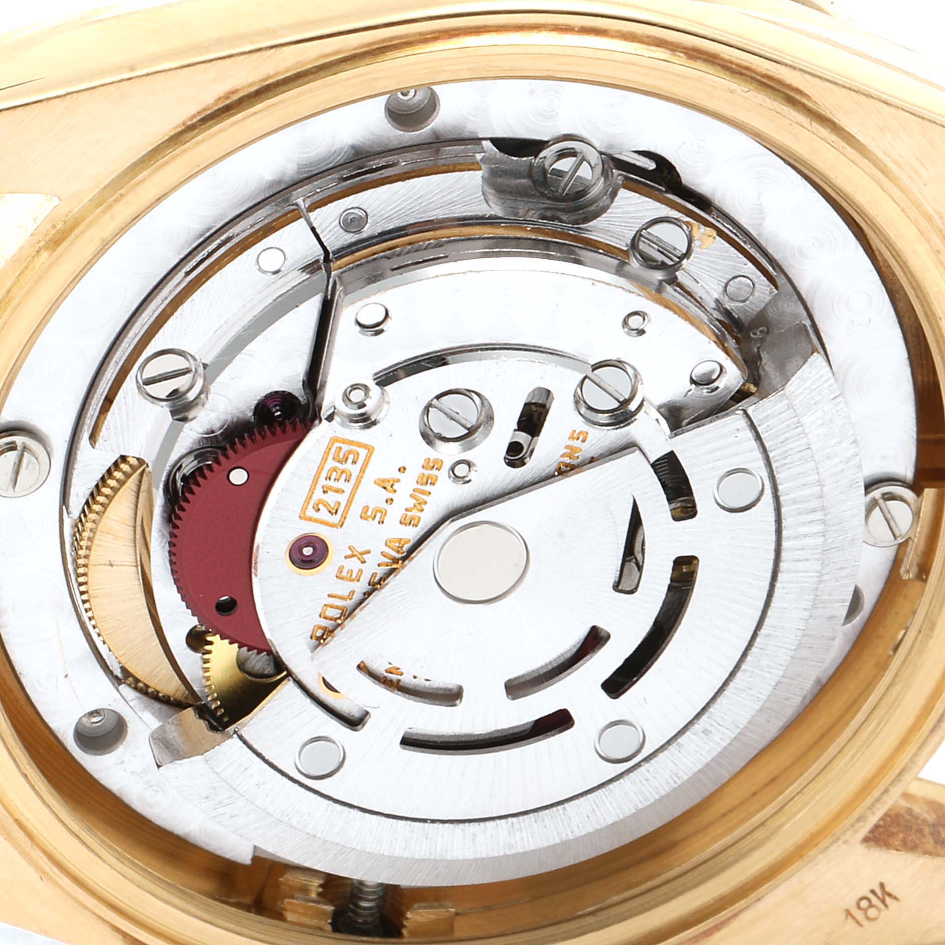 This is a close-up view of the movement of a Rolex President 69158 Women
s Yellow Gold Champagne Dial 69158 Women
s Yellow Gold Champagne Dial model watch.