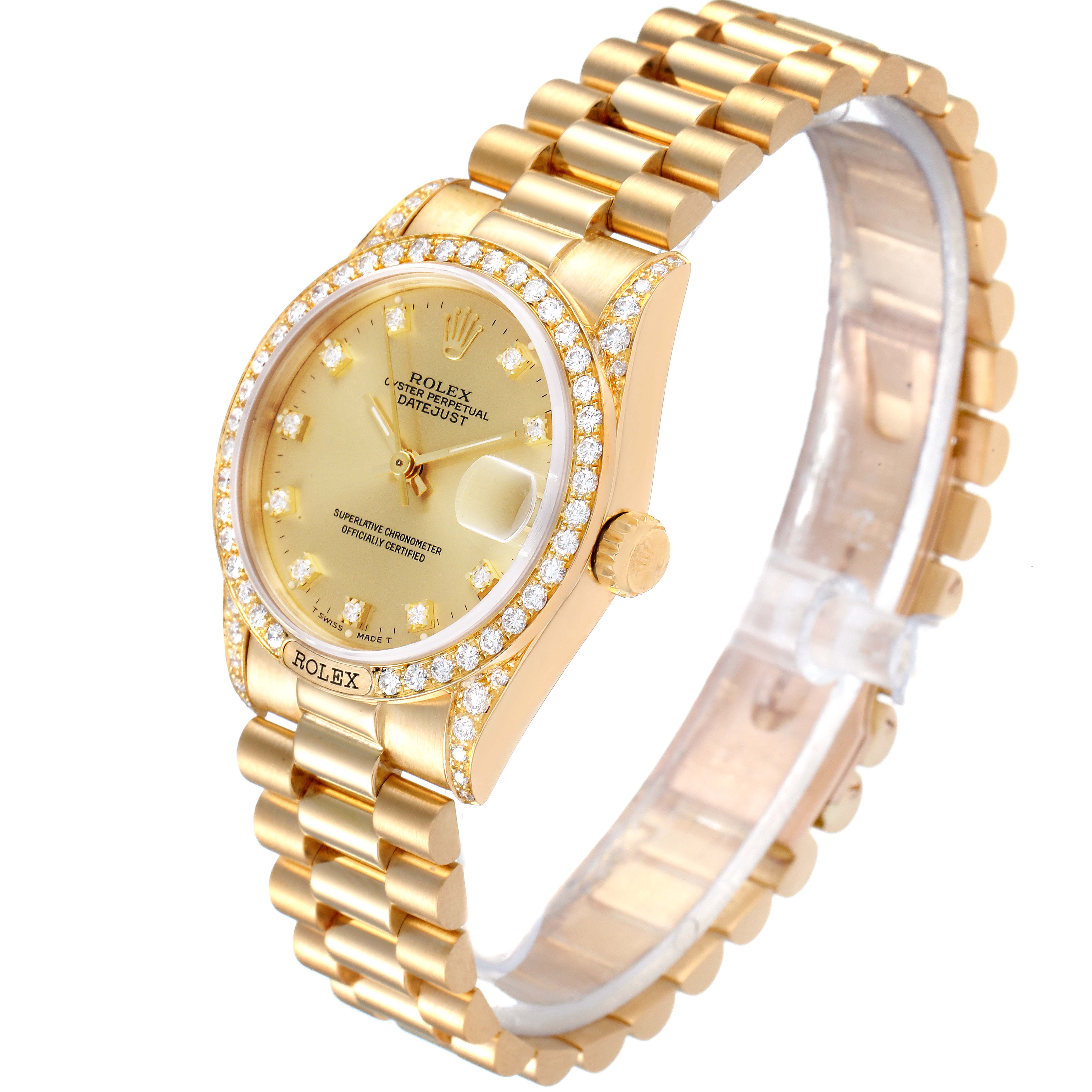 This image shows a side view of the Rolex President 69158 Women
s Yellow Gold Champagne Dial 69158 Women
s Yellow Gold Champagne Dial model watch displaying the bracelet, bezel, dial, and crown.