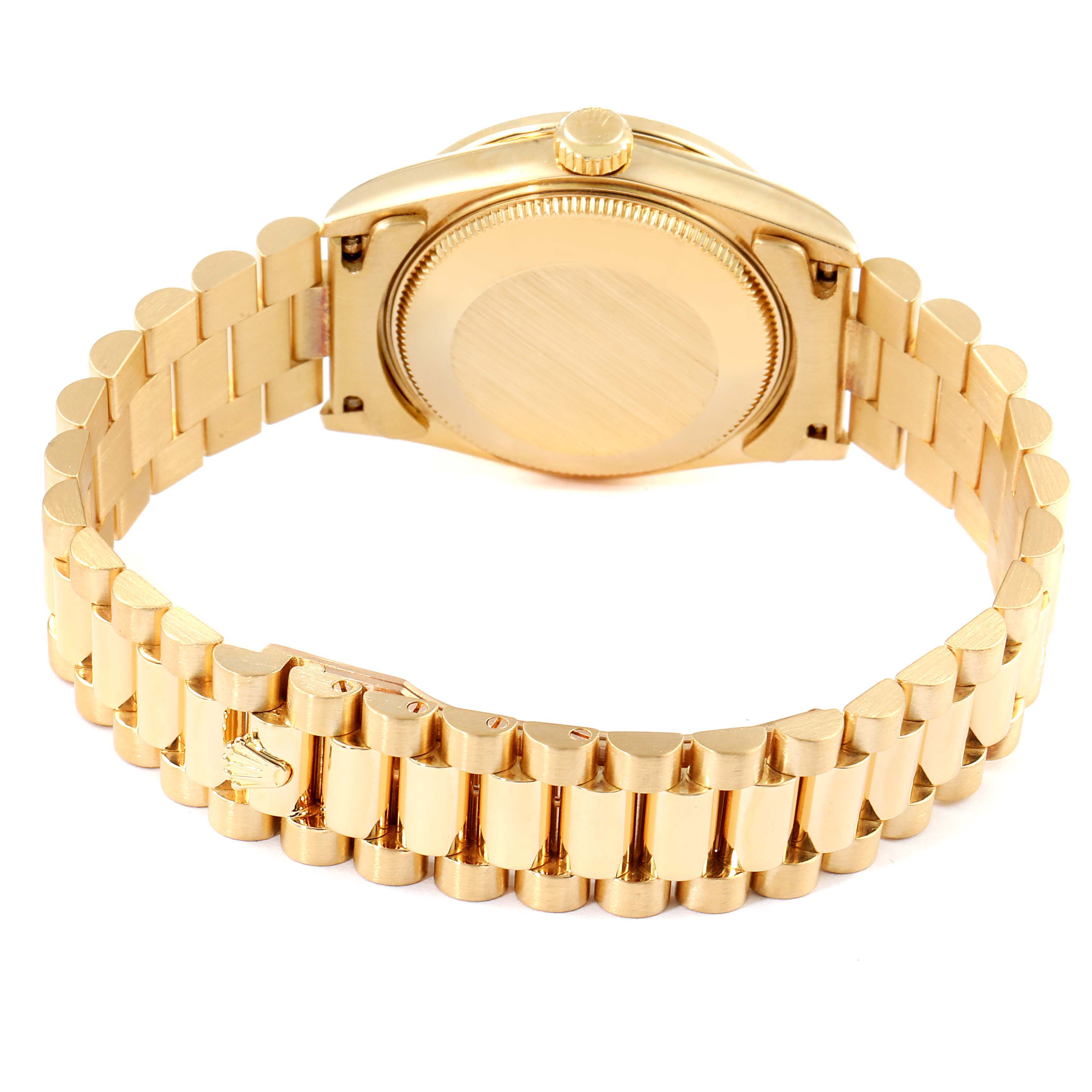This image shows the backside and bracelet of a Rolex President 69158 Women
s Yellow Gold Champagne Dial 69158 Women
s Yellow Gold Champagne Dial model watch in a gold finish.