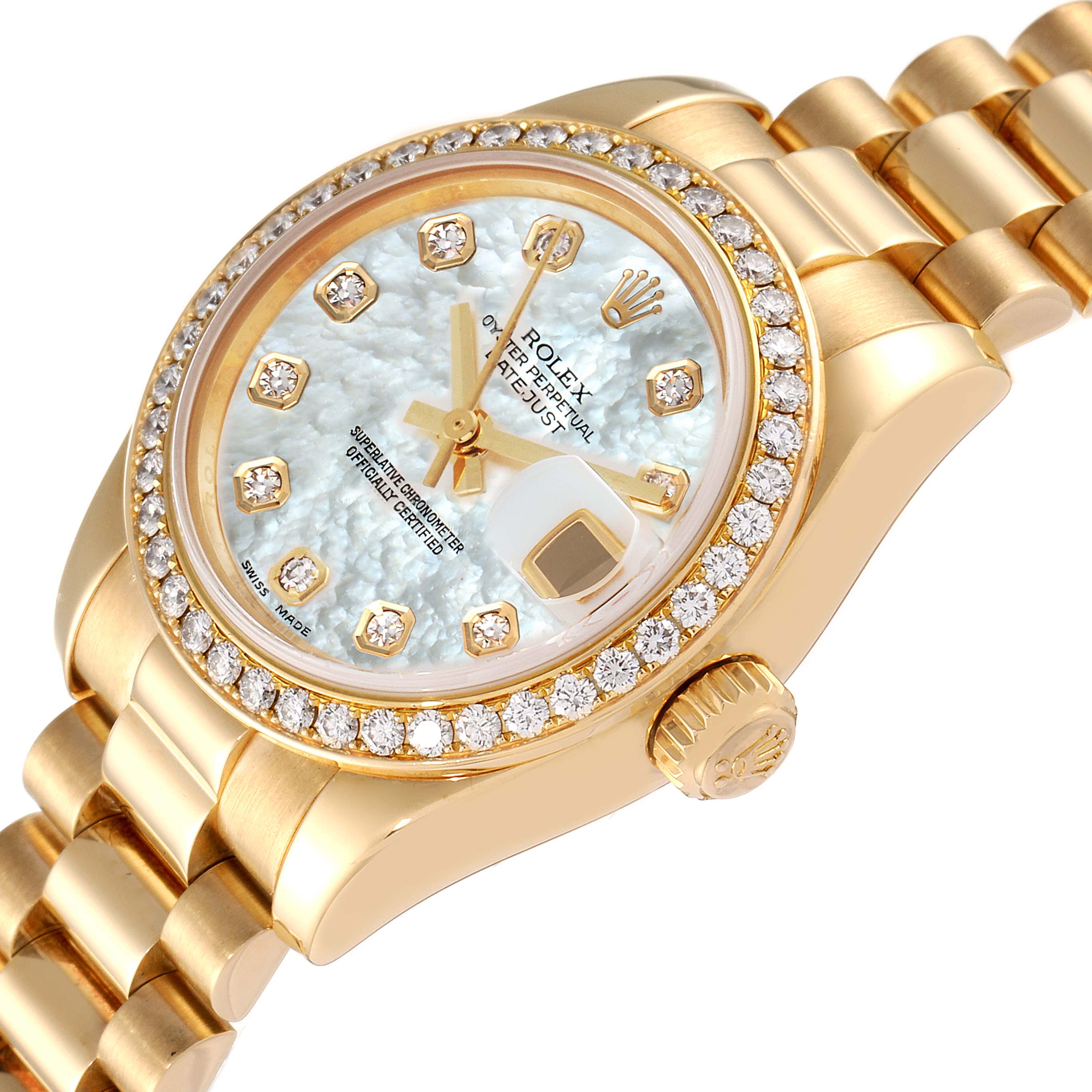 The image shows a Rolex President 179138 Women's Yellow Gold Mother of Pearl Dial 179138 Women's Yellow Gold Mother of Pearl Dial model watch at an angle highlighting its diamond bezel, mother-of-pearl dial, and gold bracelet.