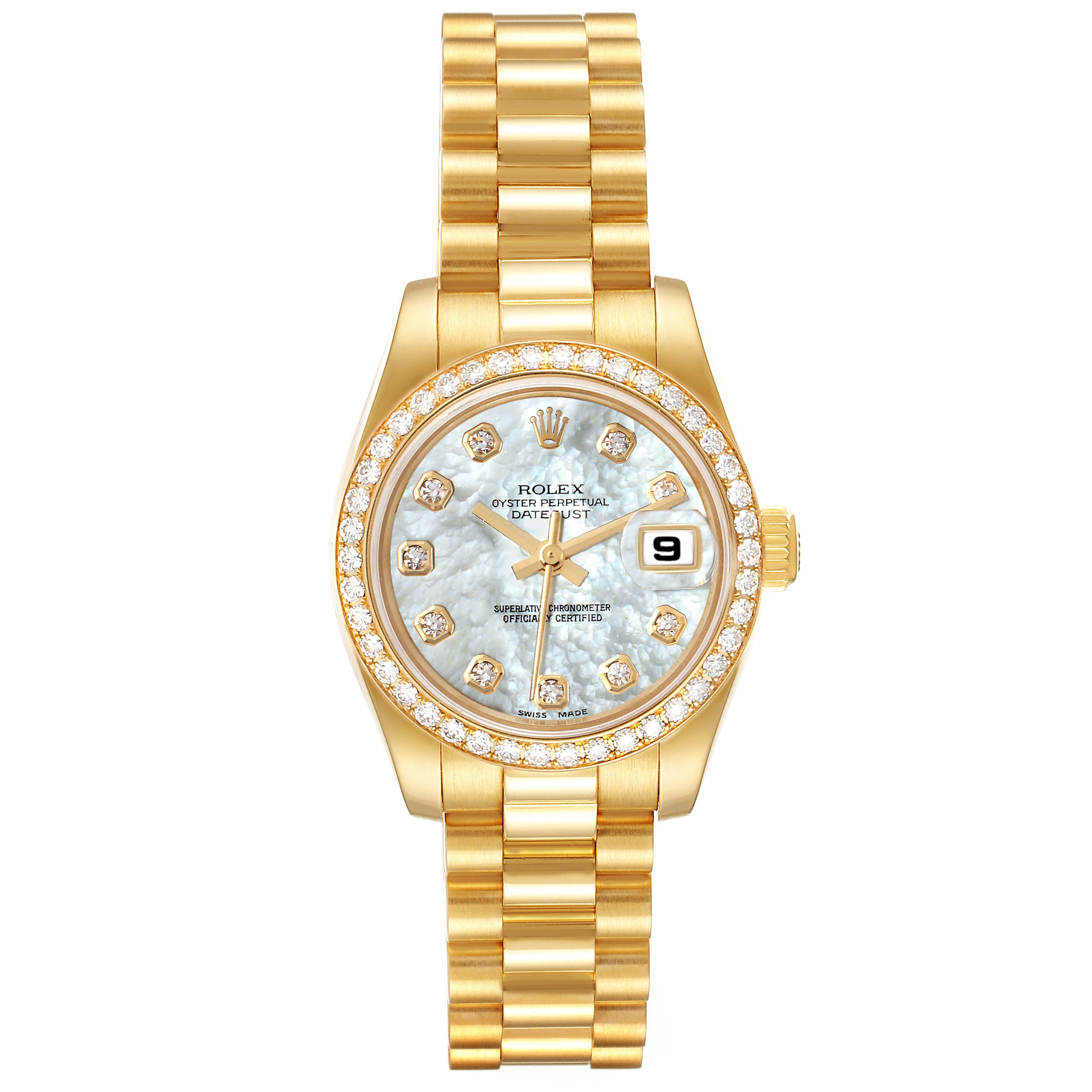 The Rolex President 179138 Women's Yellow Gold Mother of Pearl Dial 179138 Women's Yellow Gold Mother of Pearl Dial model watch is shown from a front angle, displaying its gold bracelet, diamond bezel, and date window.