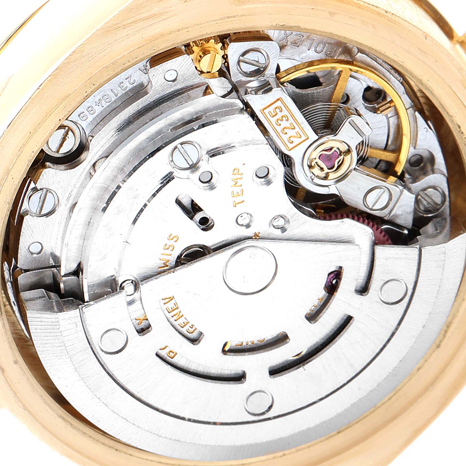 The image shows the internal mechanism and movement parts of a Rolex President 179138 Women's Yellow Gold Mother of Pearl Dial 179138 Women's Yellow Gold Mother of Pearl Dial model watch from a close-up angle.