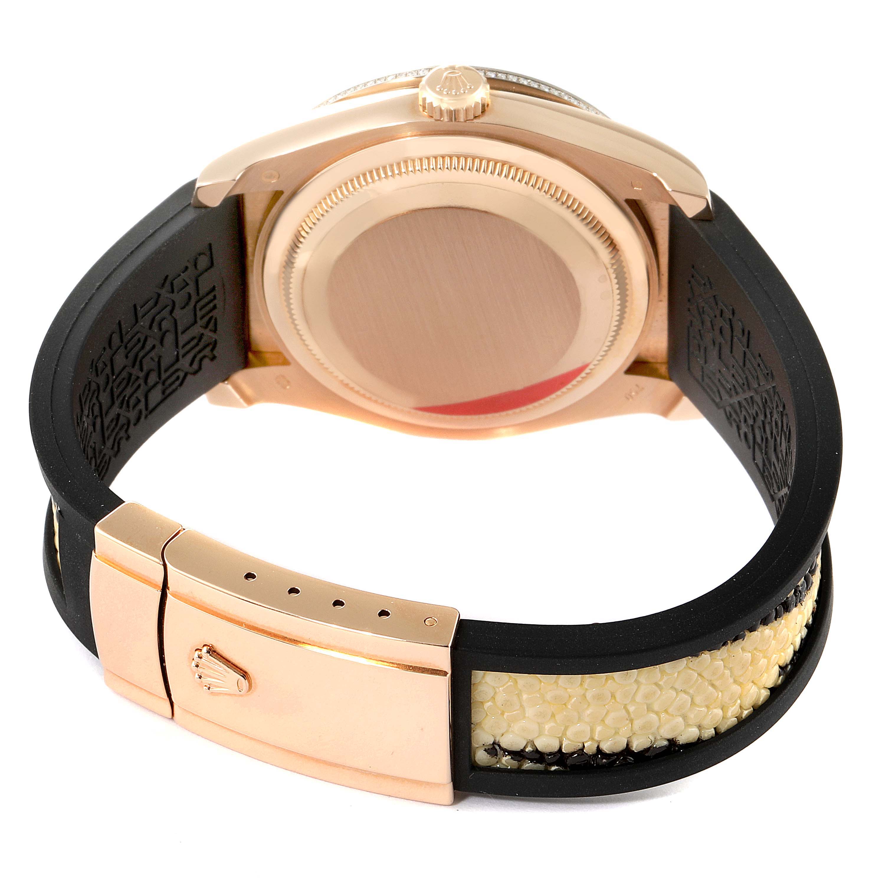 The image shows the back case and buckle of a Rolex President 116185 Men's Rose Gold Black Dial 116185 Men's Rose Gold Black Dial model watch from a rear-bottom angle.