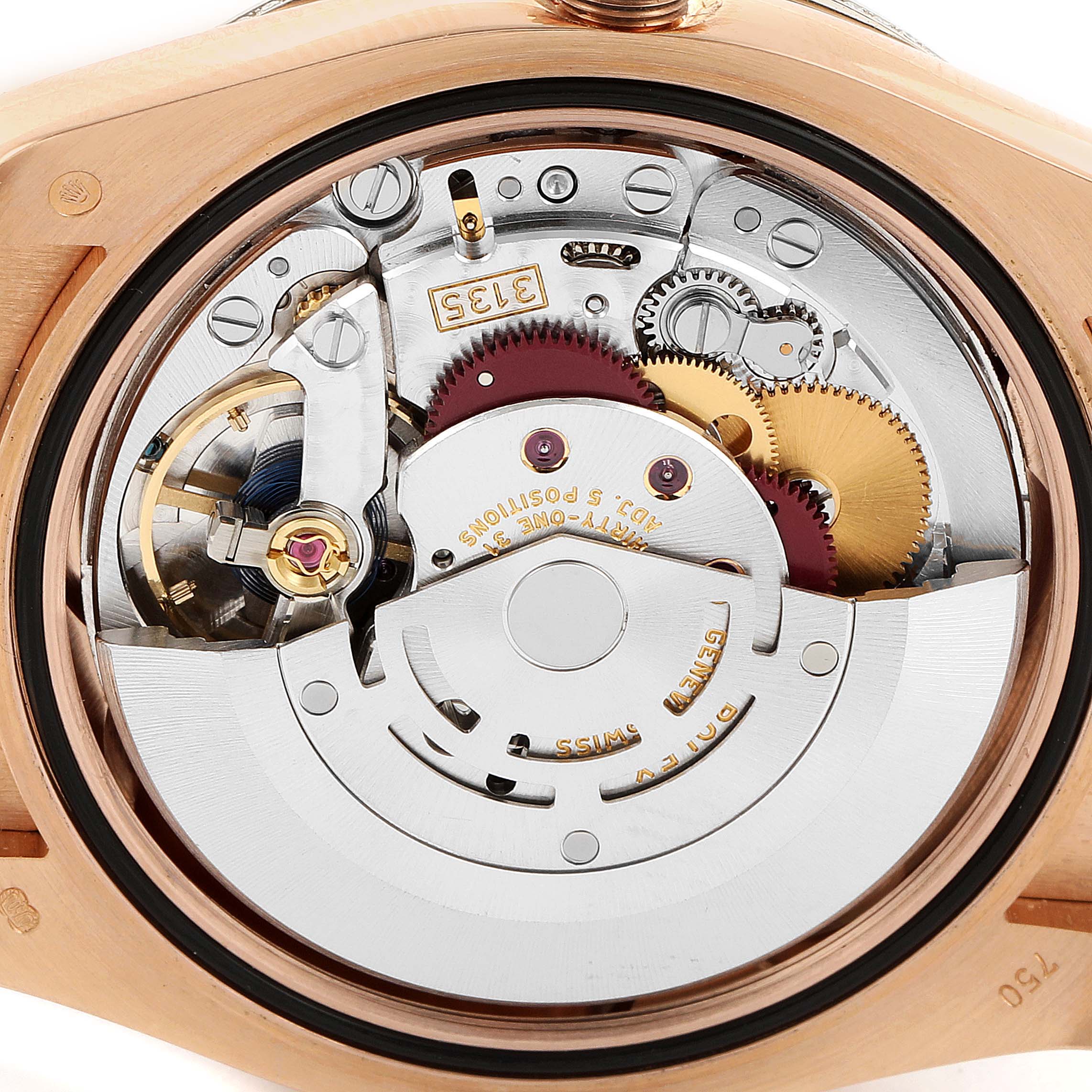 The image shows a close-up view of the movement of a Rolex President 116185 Men's Rose Gold Black Dial 116185 Men's Rose Gold Black Dial model watch, highlighting its intricate mechanical parts.