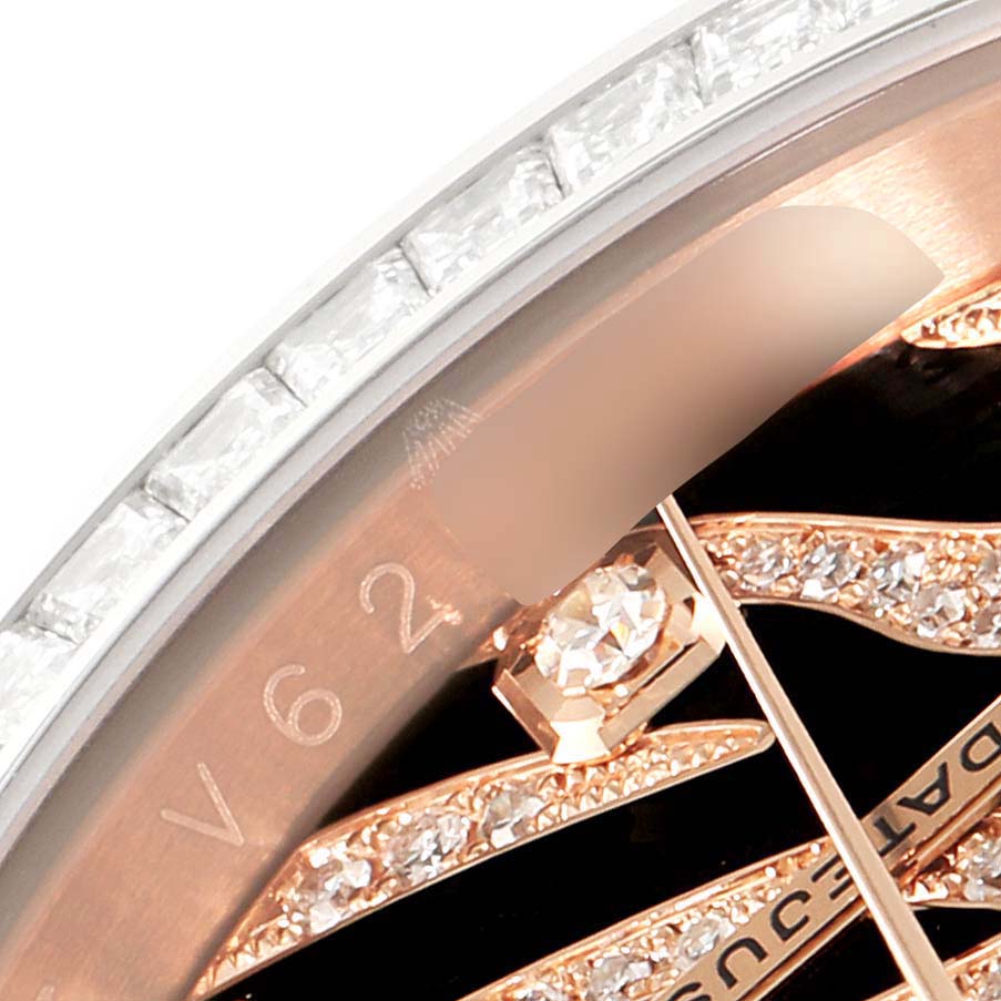 This close-up angle of the Rolex President 116185 Men's Rose Gold Black Dial 116185 Men's Rose Gold Black Dial model shows the bezel and partial face with diamond accents.