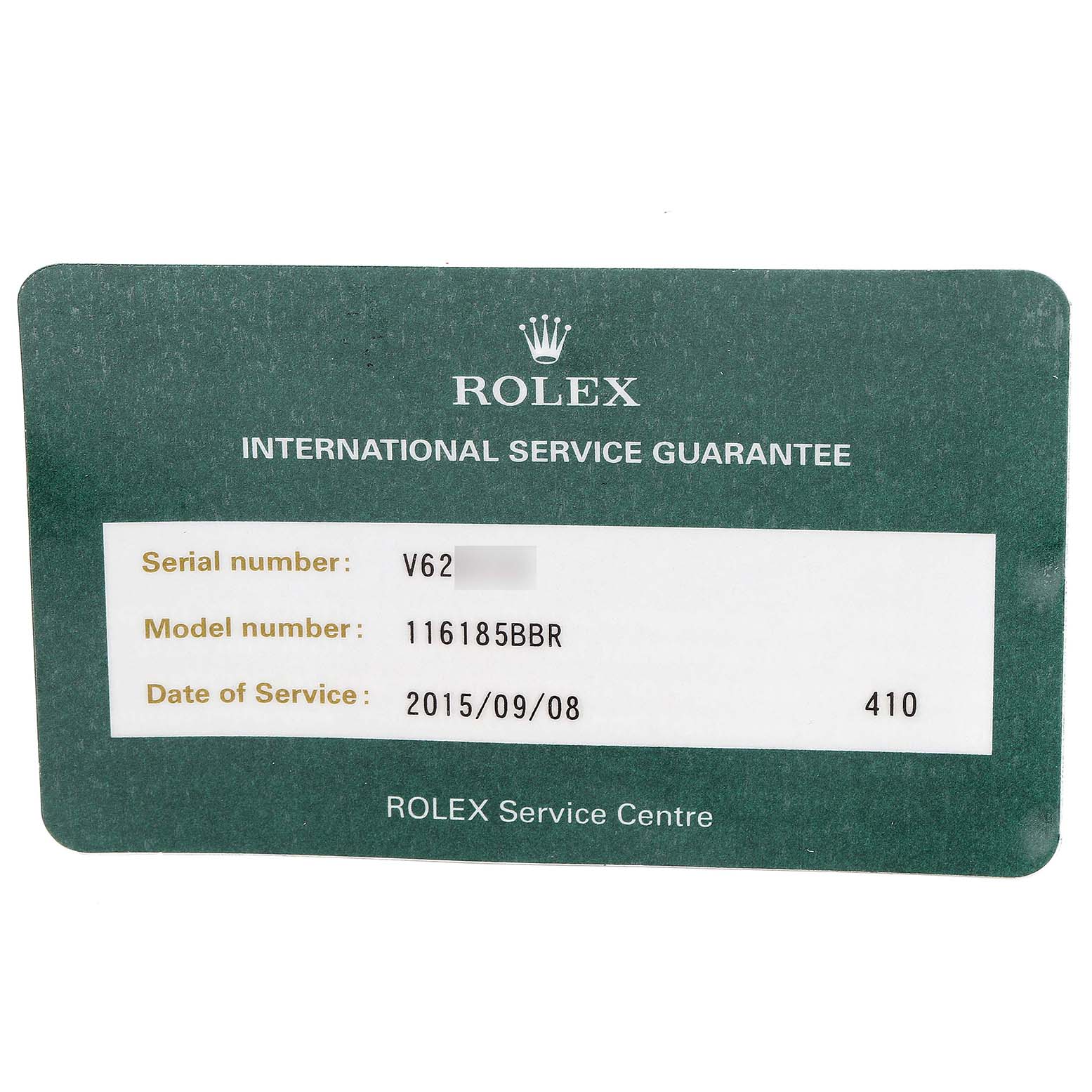 This image shows the international service guarantee card for the Rolex President 116185 Men's Rose Gold Black Dial 116185 Men's Rose Gold Black Dial model watch.