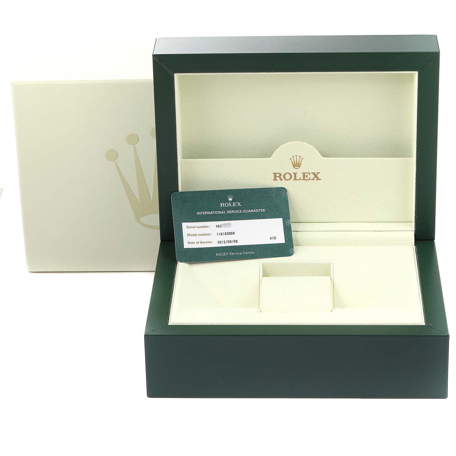 The image shows the open box and guarantee card for a Rolex President 116185 Men's Rose Gold Black Dial 116185 Men's Rose Gold Black Dial model.