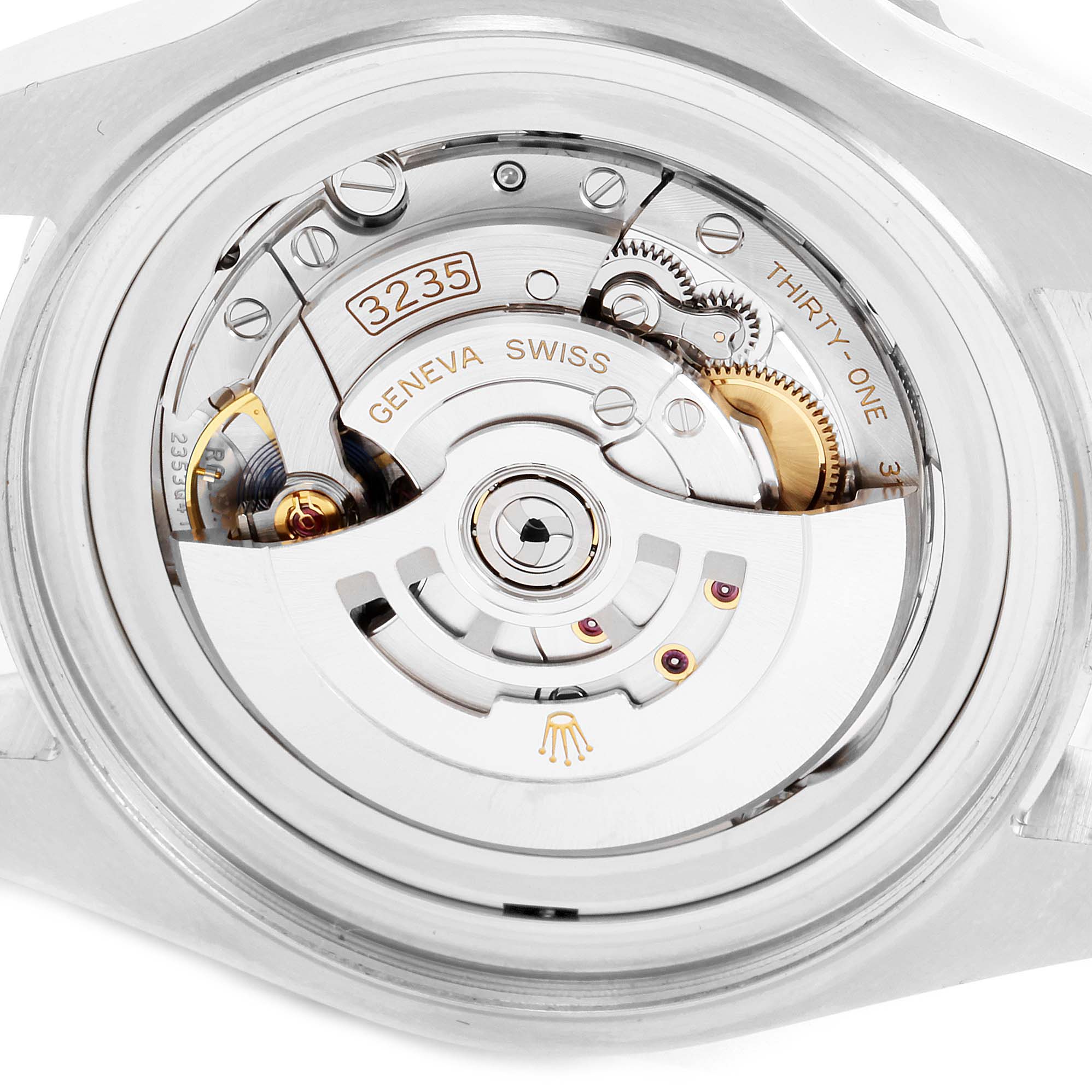 This is a close-up view of the movement inside the caseback of a Rolex Sea-Dweller 126660 Men
s Stainless Steel Blue Dial 126660 Men
s Stainless Steel Blue Dial watch, displaying the caliber 3235.