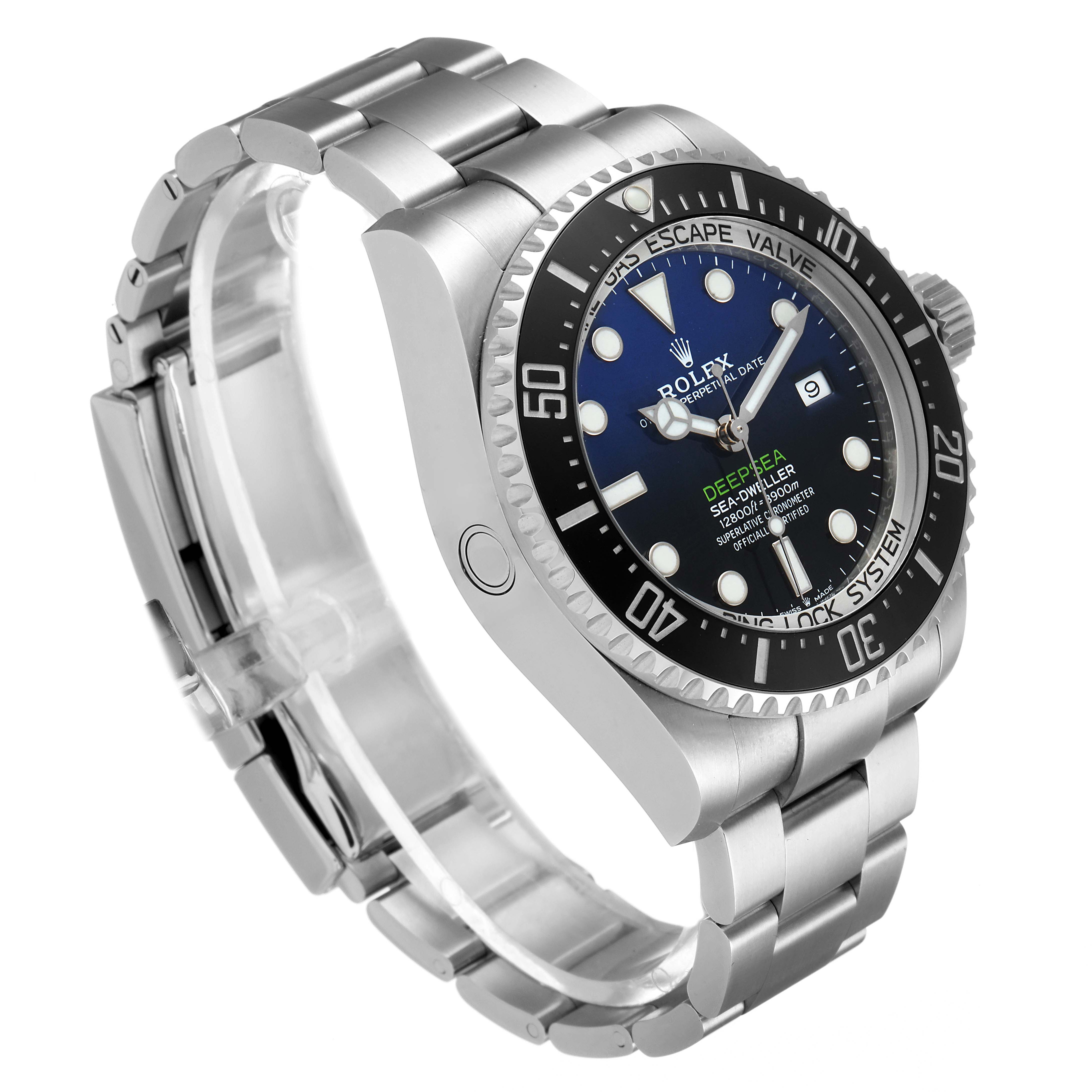The image shows a Rolex Sea-Dweller 126660 Men
s Stainless Steel Blue Dial 126660 Men
s Stainless Steel Blue Dial watch from a side angle highlighting the dial, bezel, and strap.