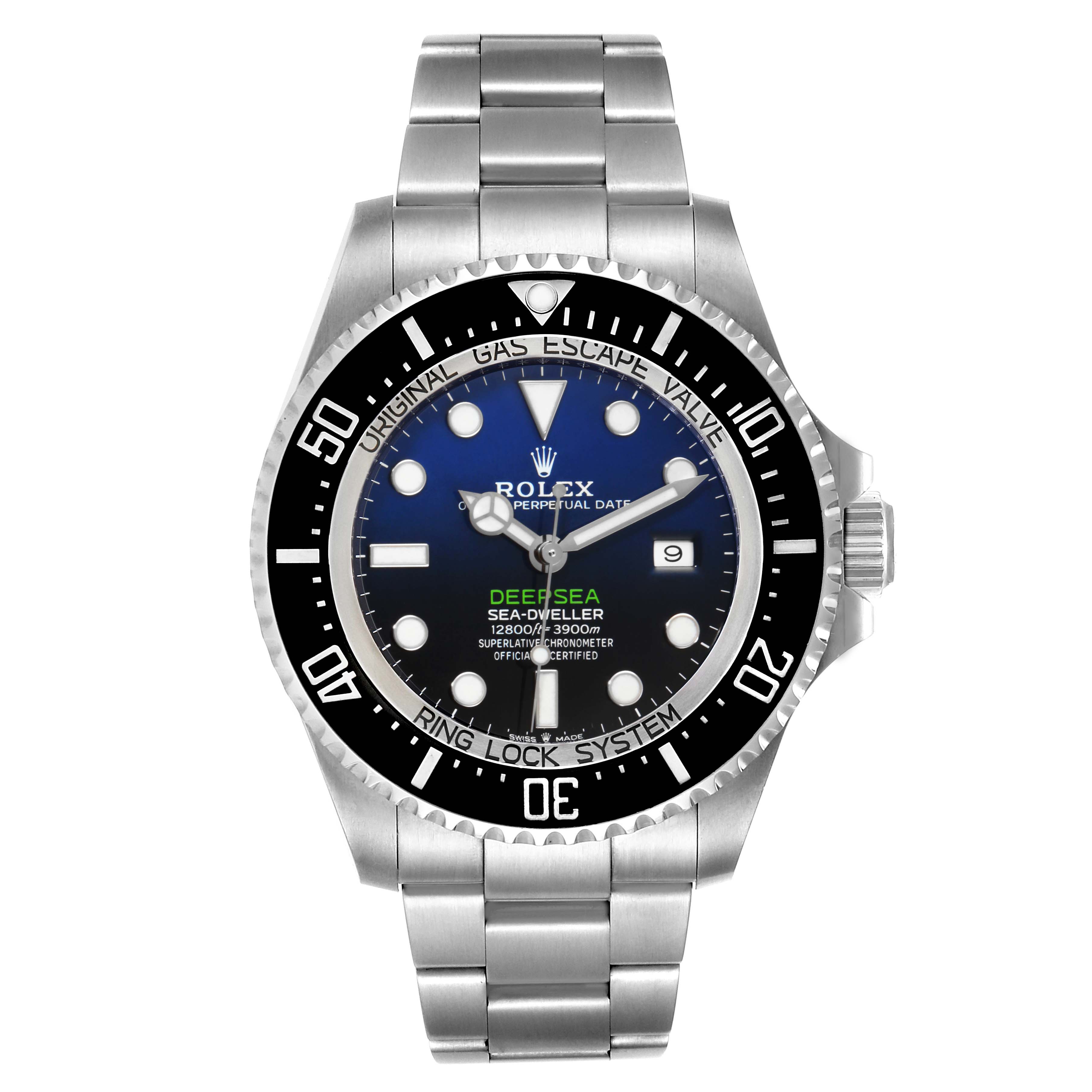 This image shows a front view of the Rolex Sea-Dweller 126660 Men
s Stainless Steel Blue Dial 126660 Men
s Stainless Steel Blue Dial Deepsea watch, displaying its face, bezel, and stainless steel bracelet.