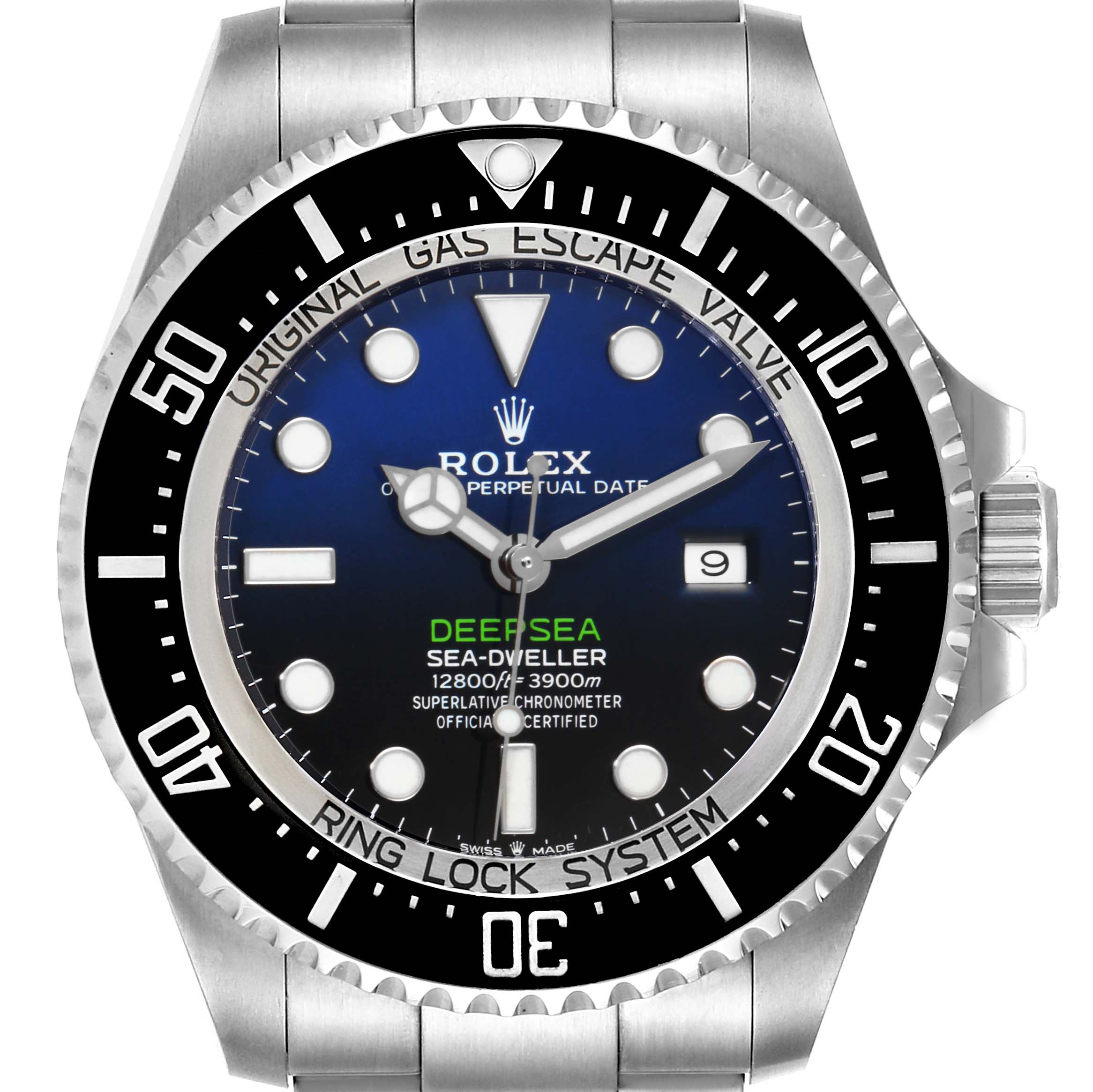The image shows a front view of the Rolex Sea-Dweller 126660 Men
s Stainless Steel Blue Dial 126660 Men
s Stainless Steel Blue Dial watch, highlighting its dial, bezel, and crown.