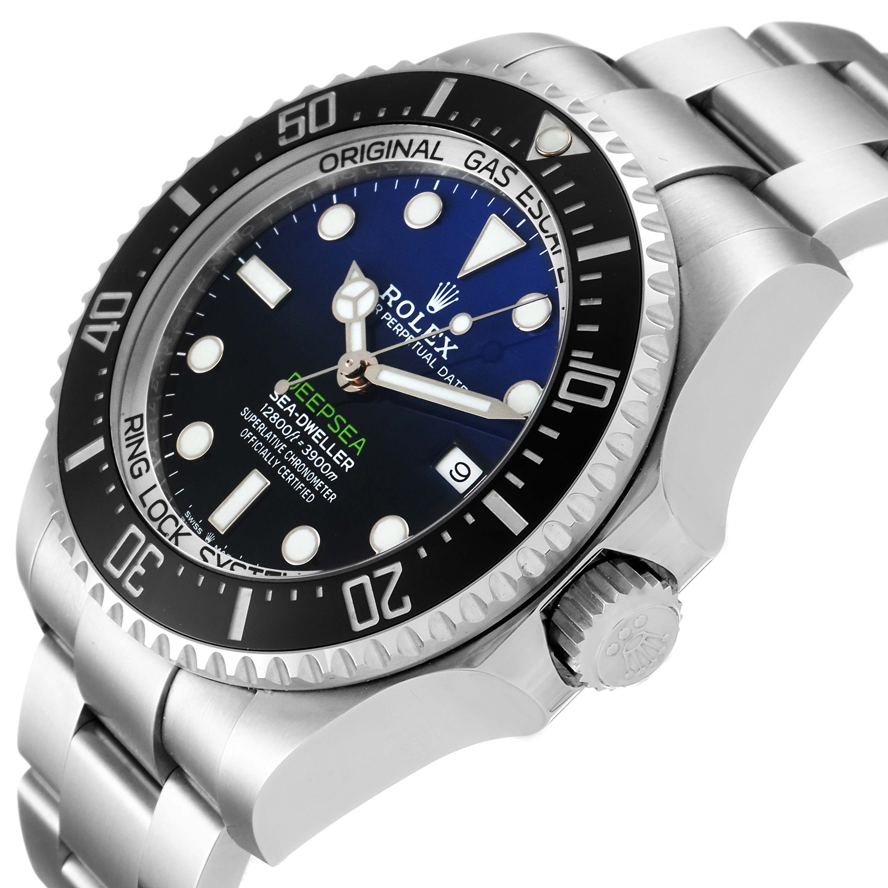 The image shows a side angle of the Rolex Sea-Dweller 126660 Men
s Stainless Steel Blue Dial 126660 Men
s Stainless Steel Blue Dial watch, highlighting its bezel, dial, crown, and part of the bracelet.