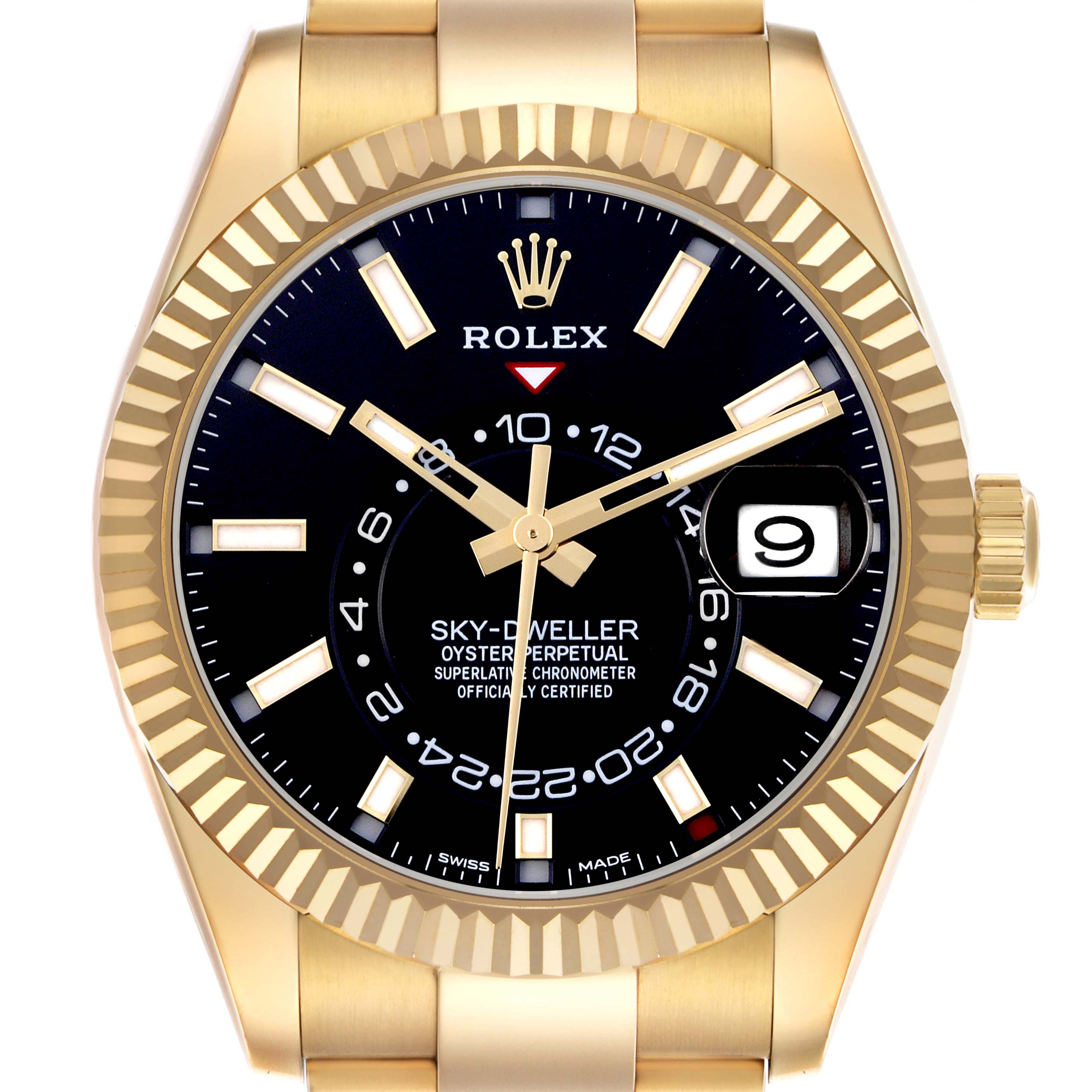 The Rolex Sky-Dweller 326938 Men
s Yellow Gold Black Dial 326938 Men
s Yellow Gold Black Dial watch is shown from the front, highlighting the dial, bezel, and crown.