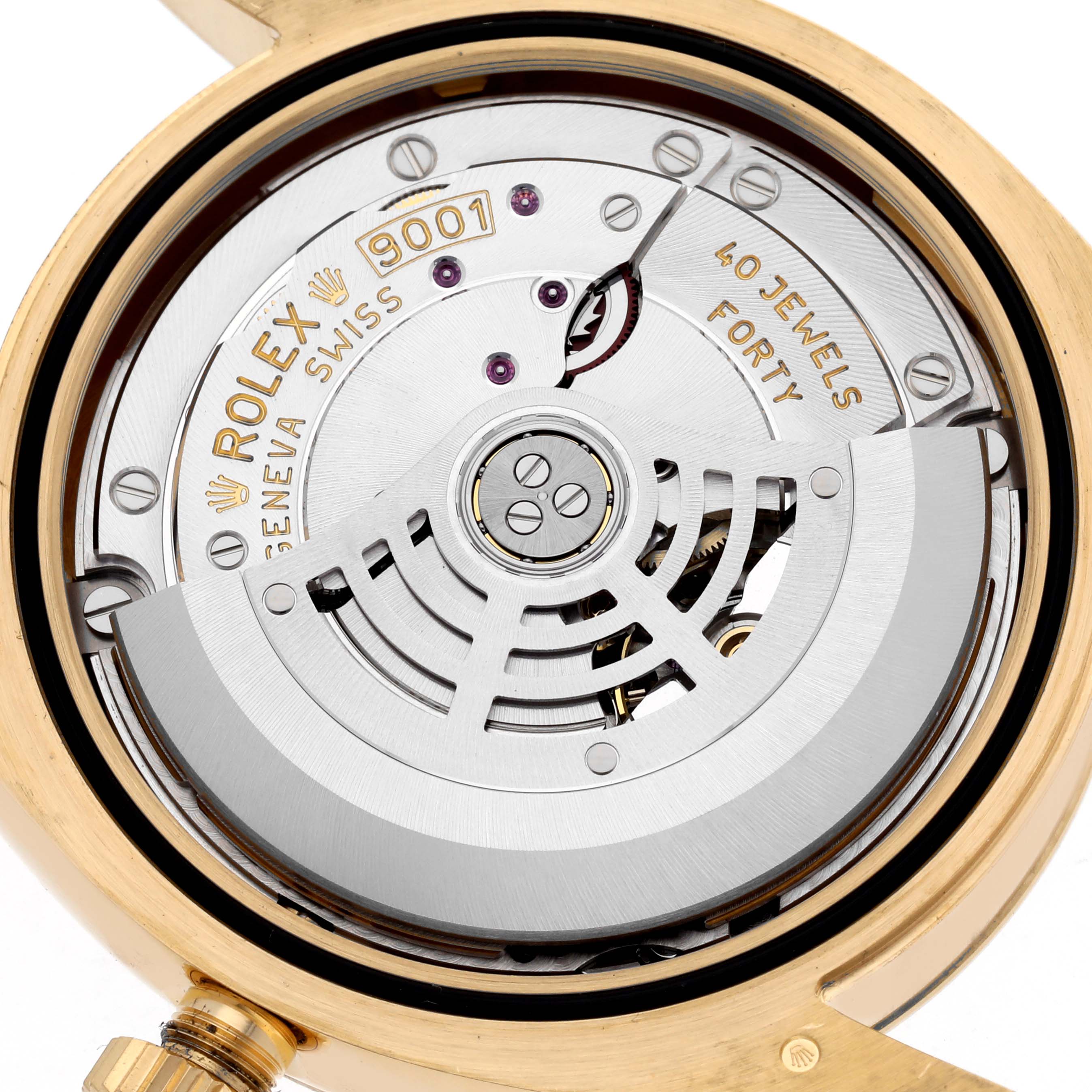 The image shows the movement of a Rolex Sky-Dweller 326938 Men
s Yellow Gold Black Dial 326938 Men
s Yellow Gold Black Dial, highlighting the rotor, jewels, and inner mechanism from the back.