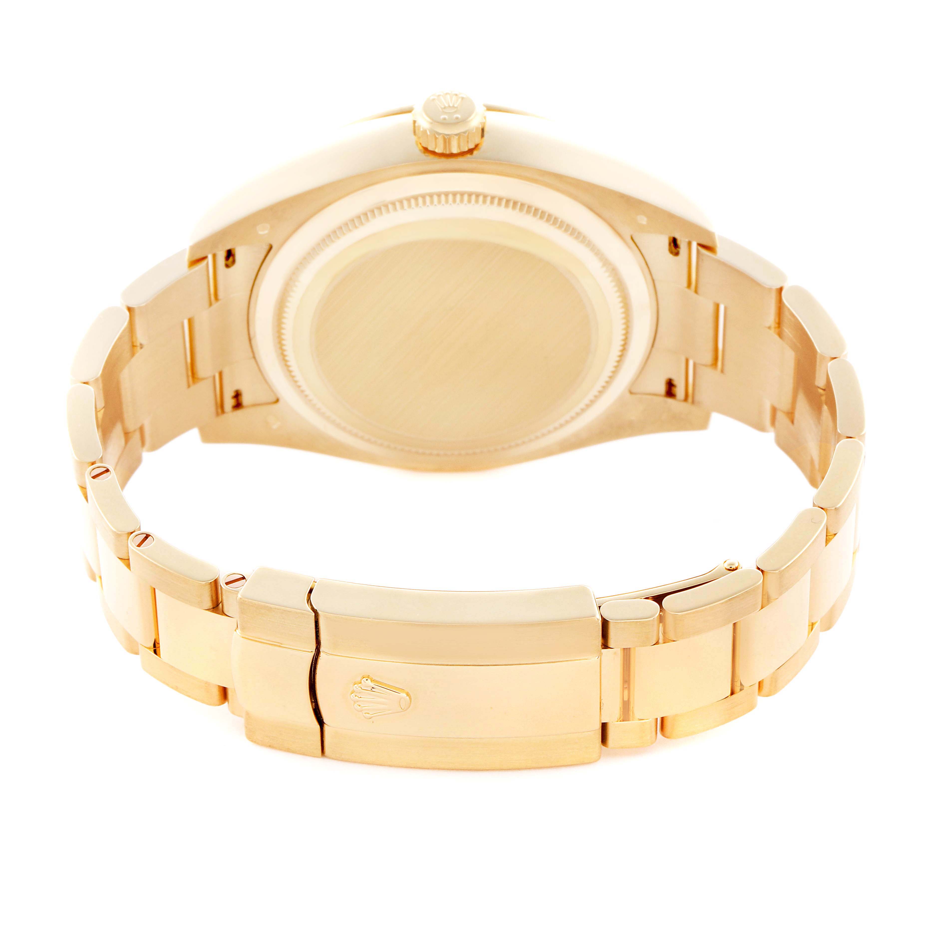 The image shows a rear view of the Rolex Sky-Dweller 326938 Men
s Yellow Gold Black Dial 326938 Men
s Yellow Gold Black Dial, highlighting the case back, bracelet, and clasp.