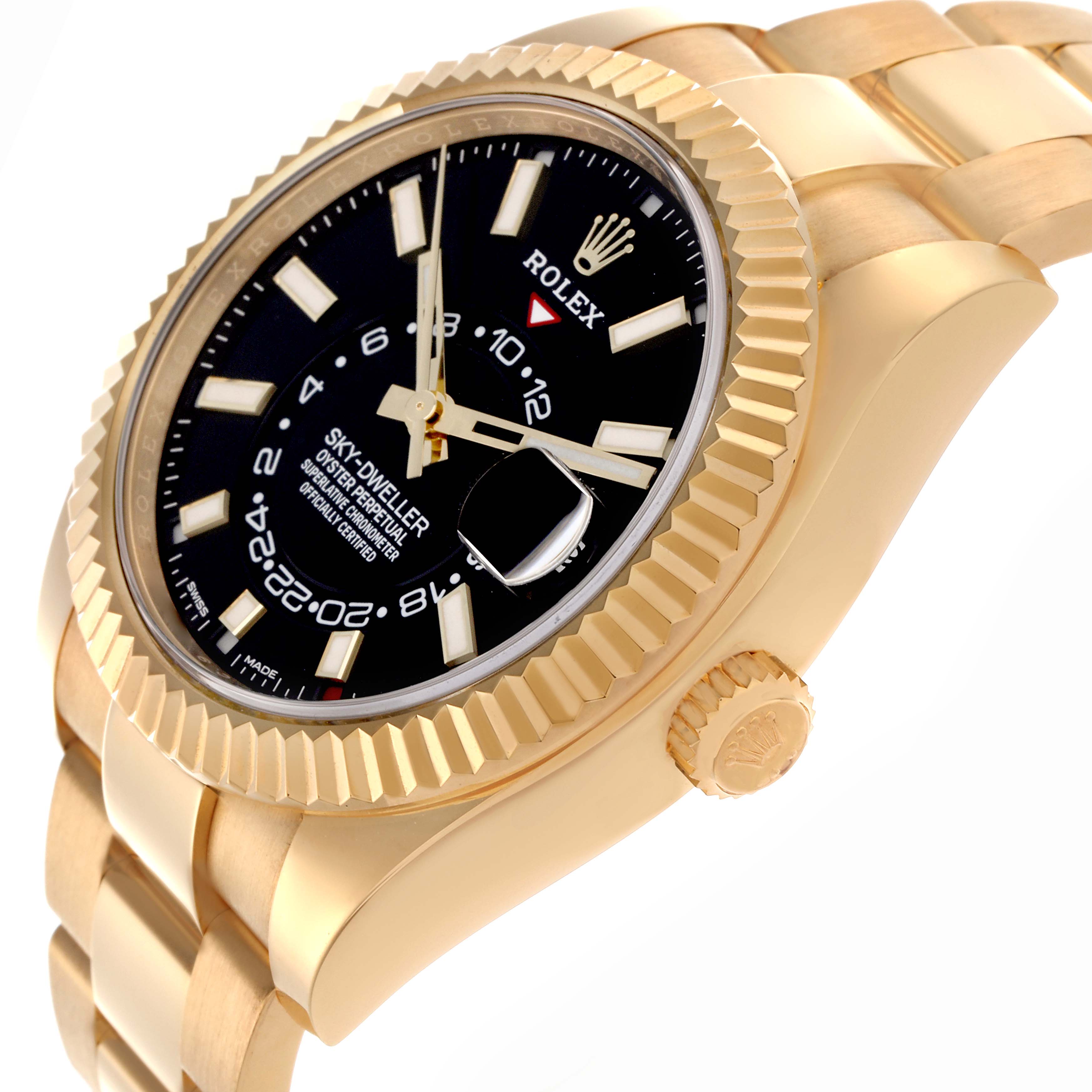 The Rolex Sky-Dweller 326938 Men
s Yellow Gold Black Dial 326938 Men
s Yellow Gold Black Dial watch is shown at an angled side view, highlighting the bezel, crown, and bracelet.