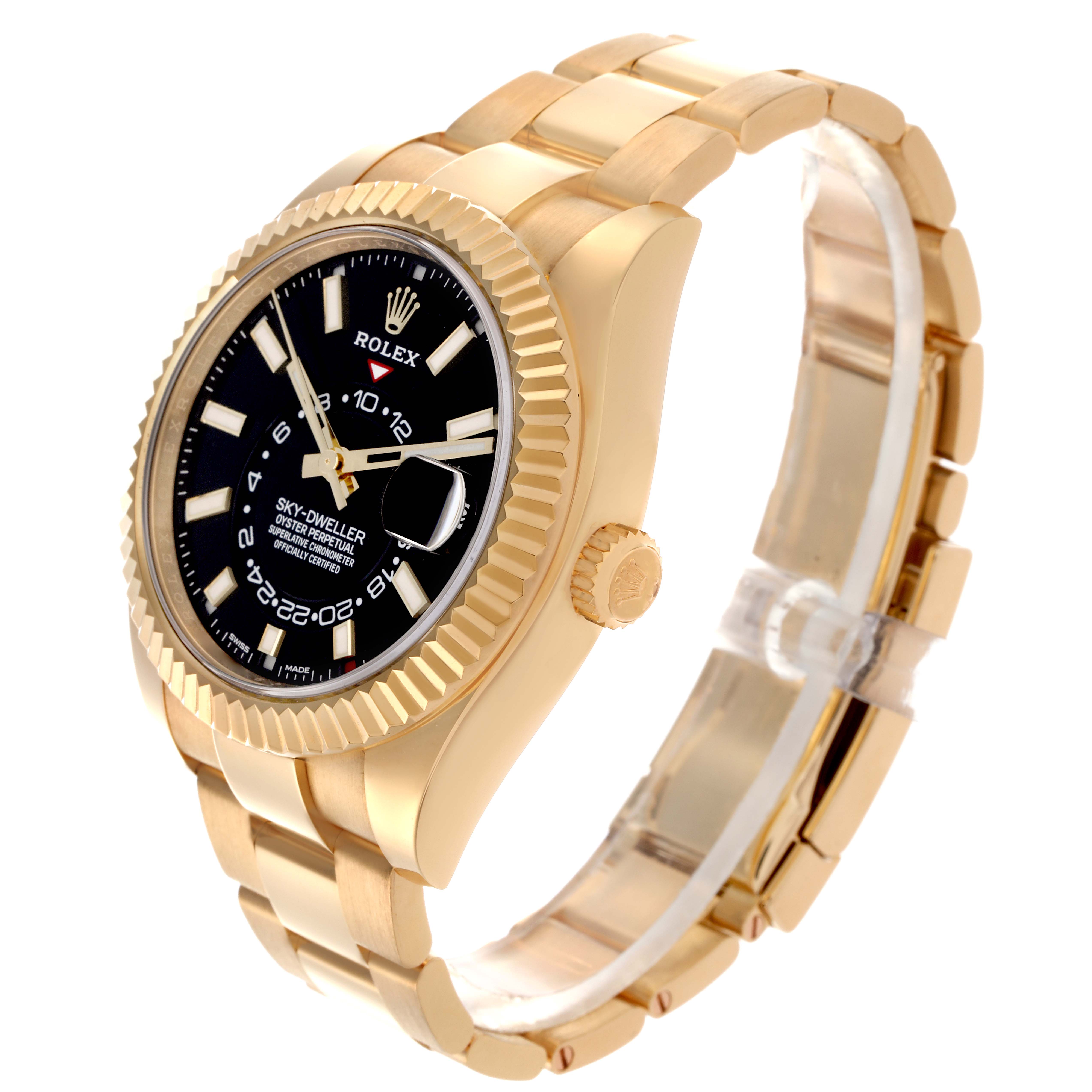 The Rolex Sky-Dweller 326938 Men
s Yellow Gold Black Dial 326938 Men
s Yellow Gold Black Dial watch is shown at a three-quarter angle, displaying the case, dial, bracelet, and crown.