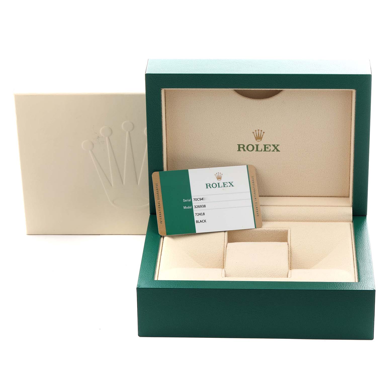 The image shows a Rolex Sky-Dweller 326938 Men
s Yellow Gold Black Dial 326938 Men
s Yellow Gold Black Dial box, warranty card, and interior cushioning, with no watch visible.