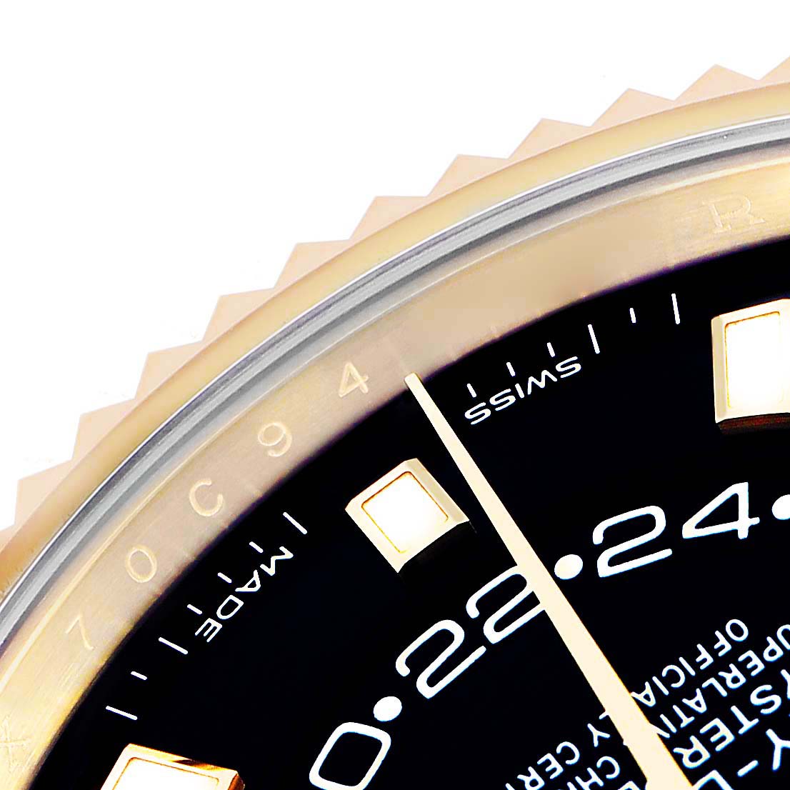 The image shows a close-up of the dial, bezel, and indices of a Rolex Sky-Dweller 326938 Men
s Yellow Gold Black Dial 326938 Men
s Yellow Gold Black Dial watch.