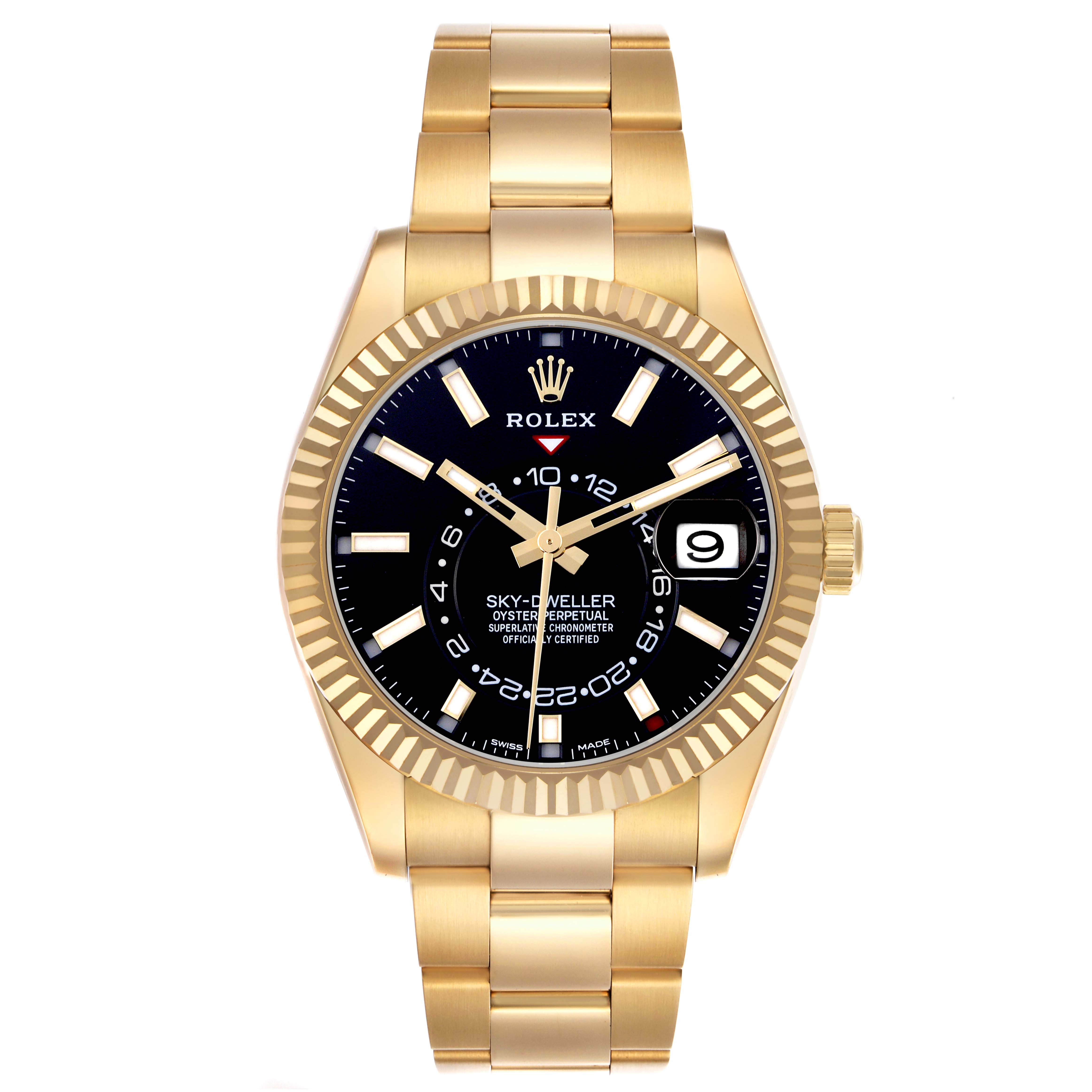 The Rolex Sky-Dweller 326938 Men
s Yellow Gold Black Dial 326938 Men
s Yellow Gold Black Dial watch is shown from a front view, highlighting the dial, bezel, and bracelet.