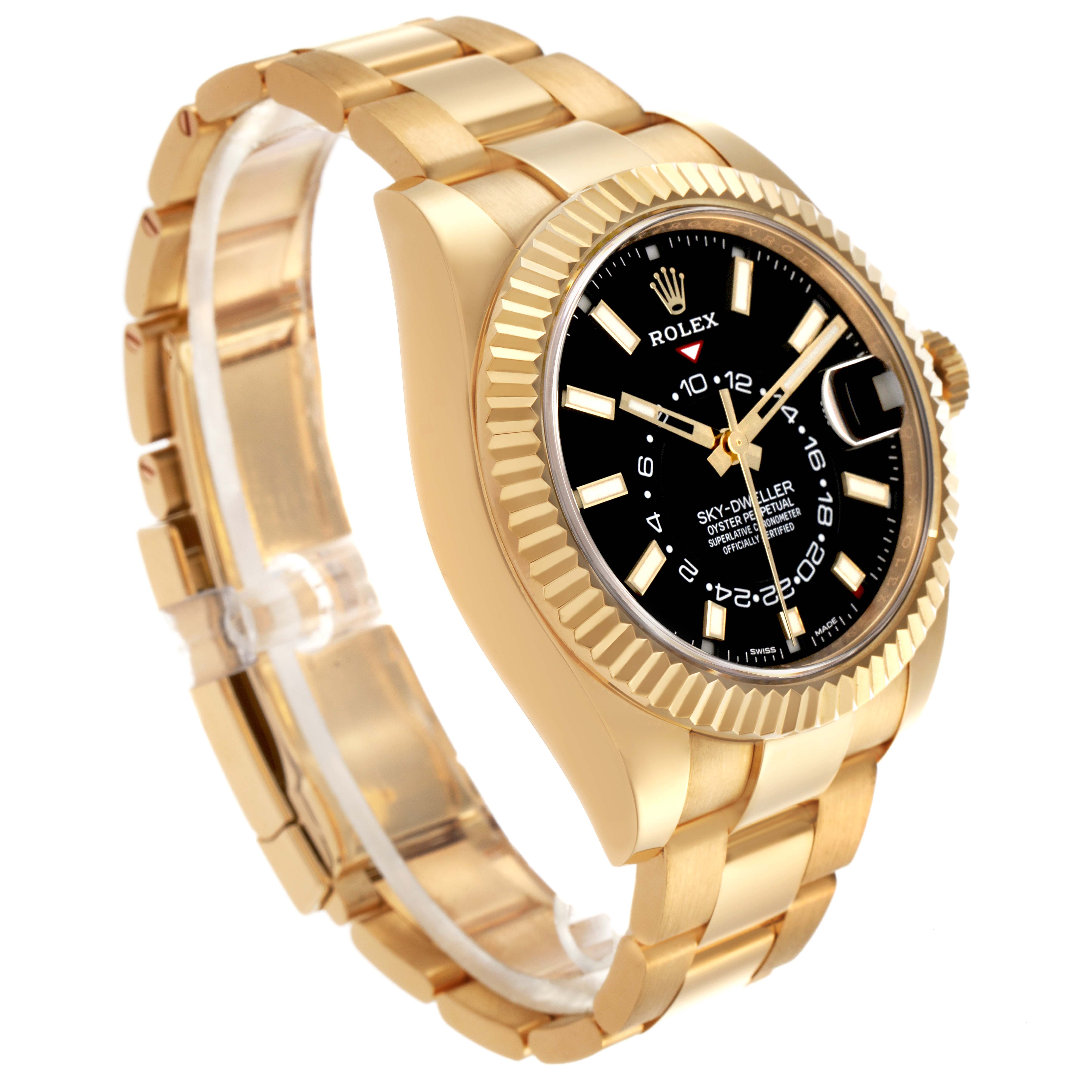 The Rolex Sky-Dweller 326938 Men
s Yellow Gold Black Dial 326938 Men
s Yellow Gold Black Dial watch is shown at a three-quarter angle, highlighting the dial, fluted bezel, and gold bracelet.