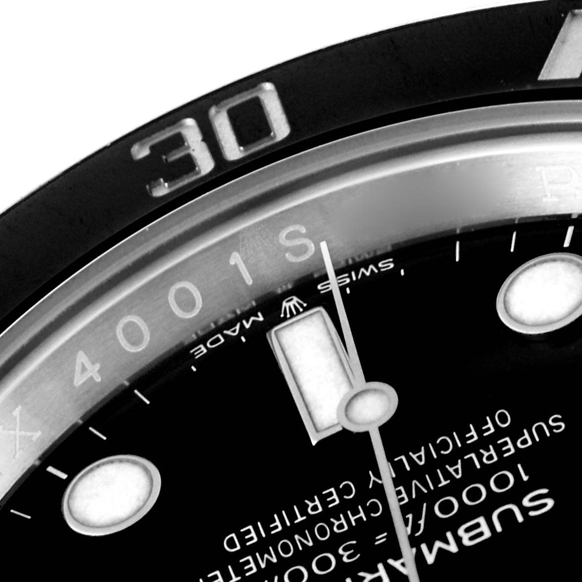 The image shows a close-up angle of the dial and bezel of a Rolex Submariner 126610 Men
s Stainless Steel Black Dial 126610 Men
s Stainless Steel Black Dial watch, highlighting the 30 marker and part of the text.