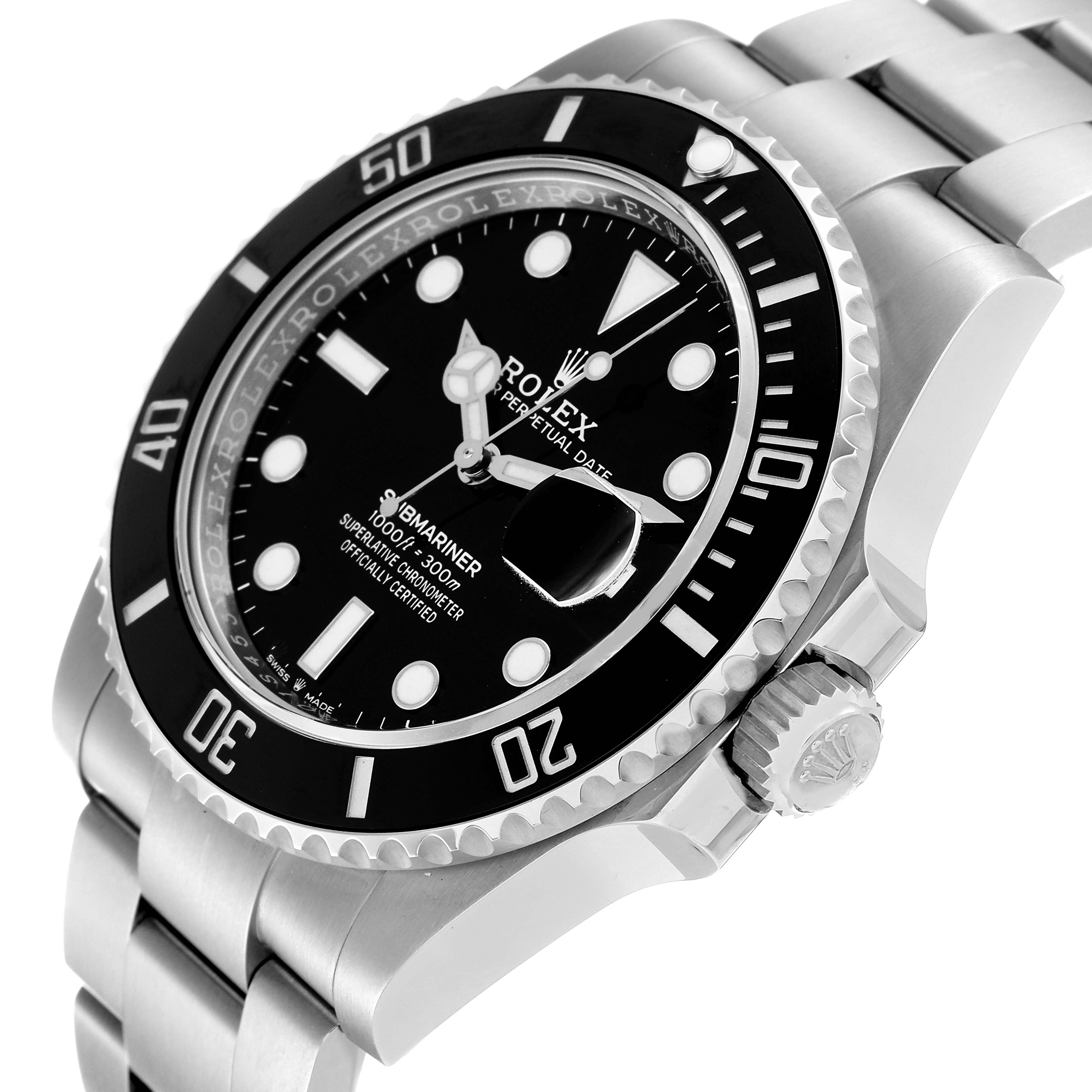 The image shows a Rolex Submariner 126610 Men
s Stainless Steel Black Dial 126610 Men
s Stainless Steel Black Dial watch at an angle featuring its bezel, dial, crown, and part of the bracelet.