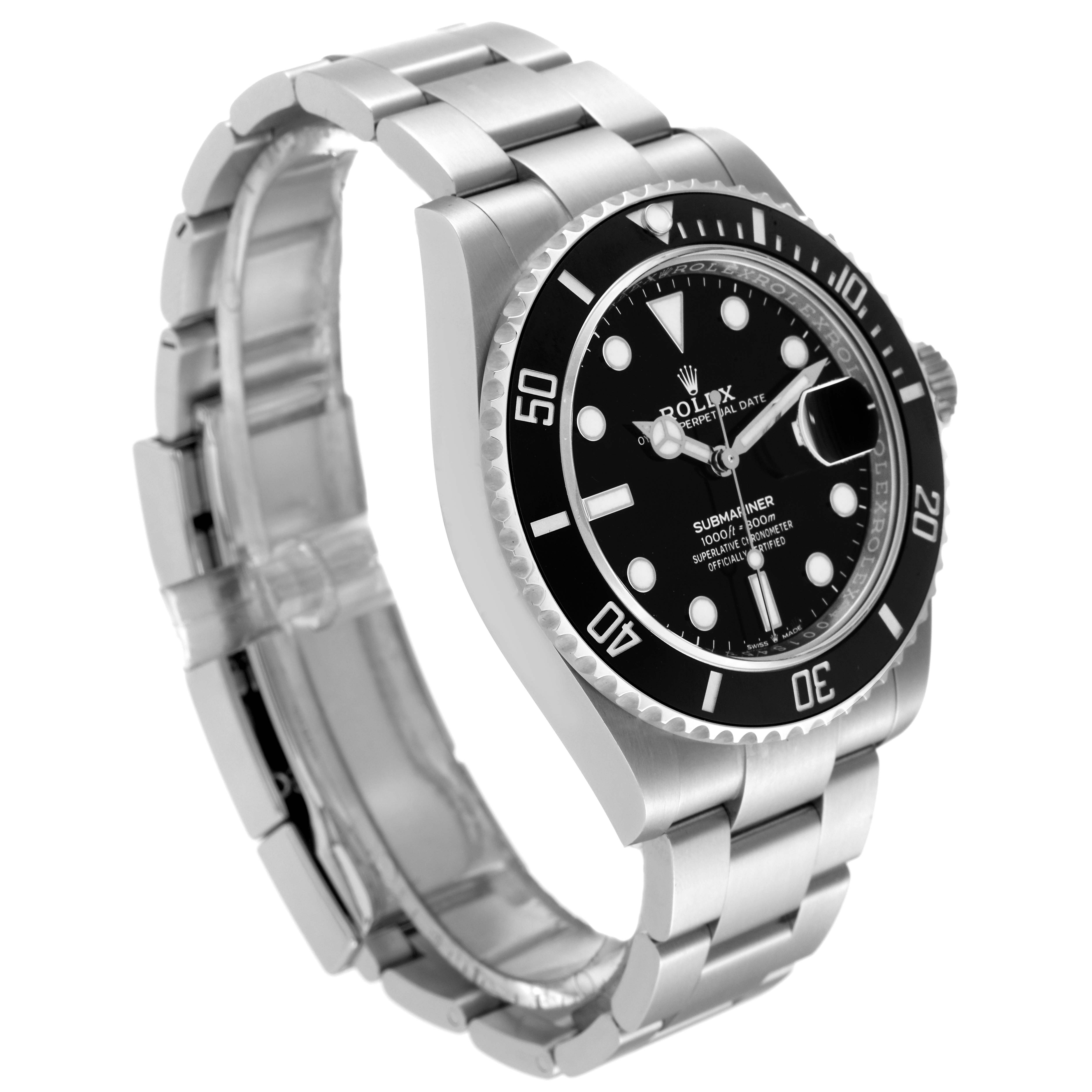The image shows a Rolex Submariner 126610 Men
s Stainless Steel Black Dial 126610 Men
s Stainless Steel Black Dial watch from a three-quarter angle, highlighting the bezel, dial, and stainless steel bracelet.
