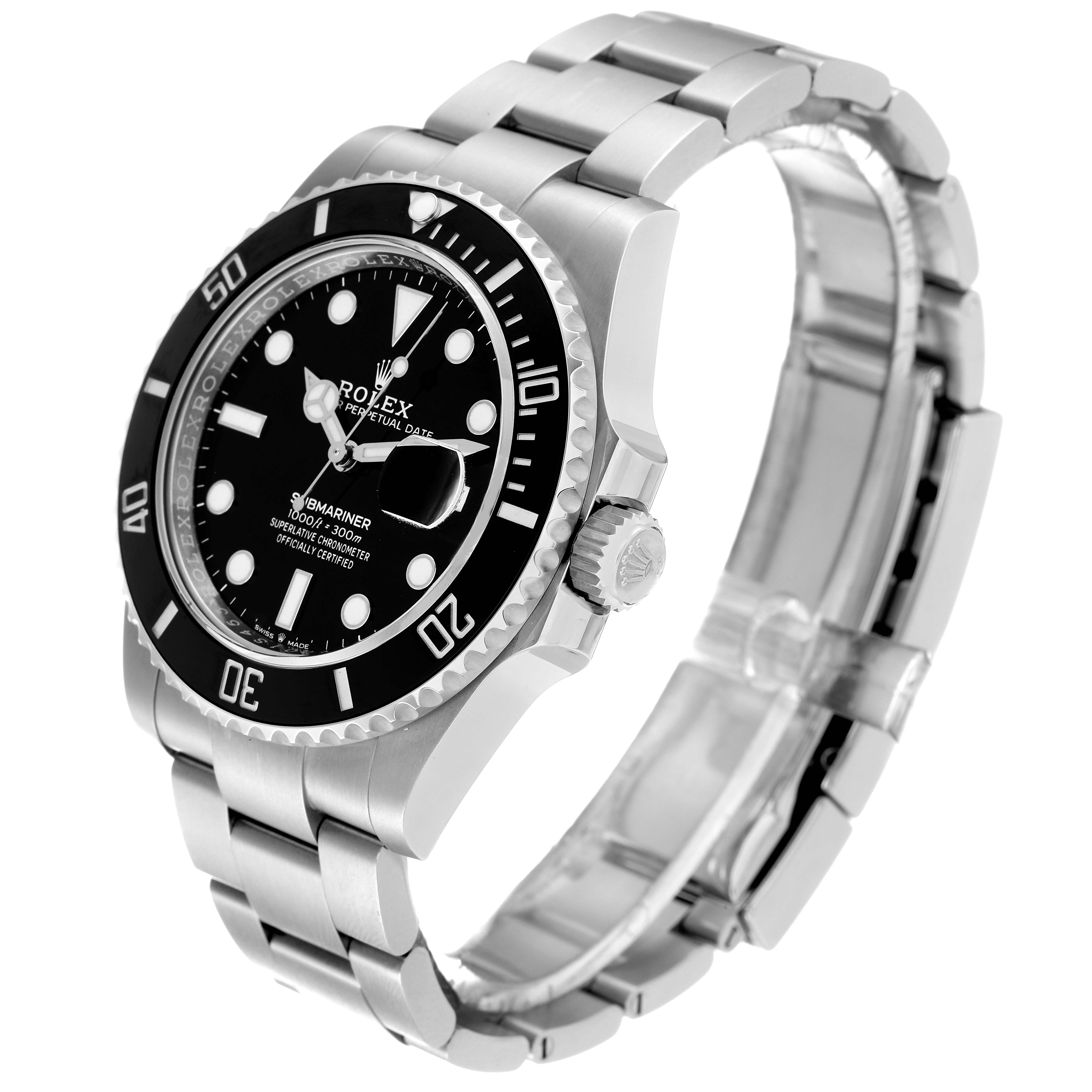 The image shows the Rolex Submariner 126610 Men
s Stainless Steel Black Dial 126610 Men
s Stainless Steel Black Dial watch at a three-quarter angle, highlighting the face, bezel, crown, and bracelet.