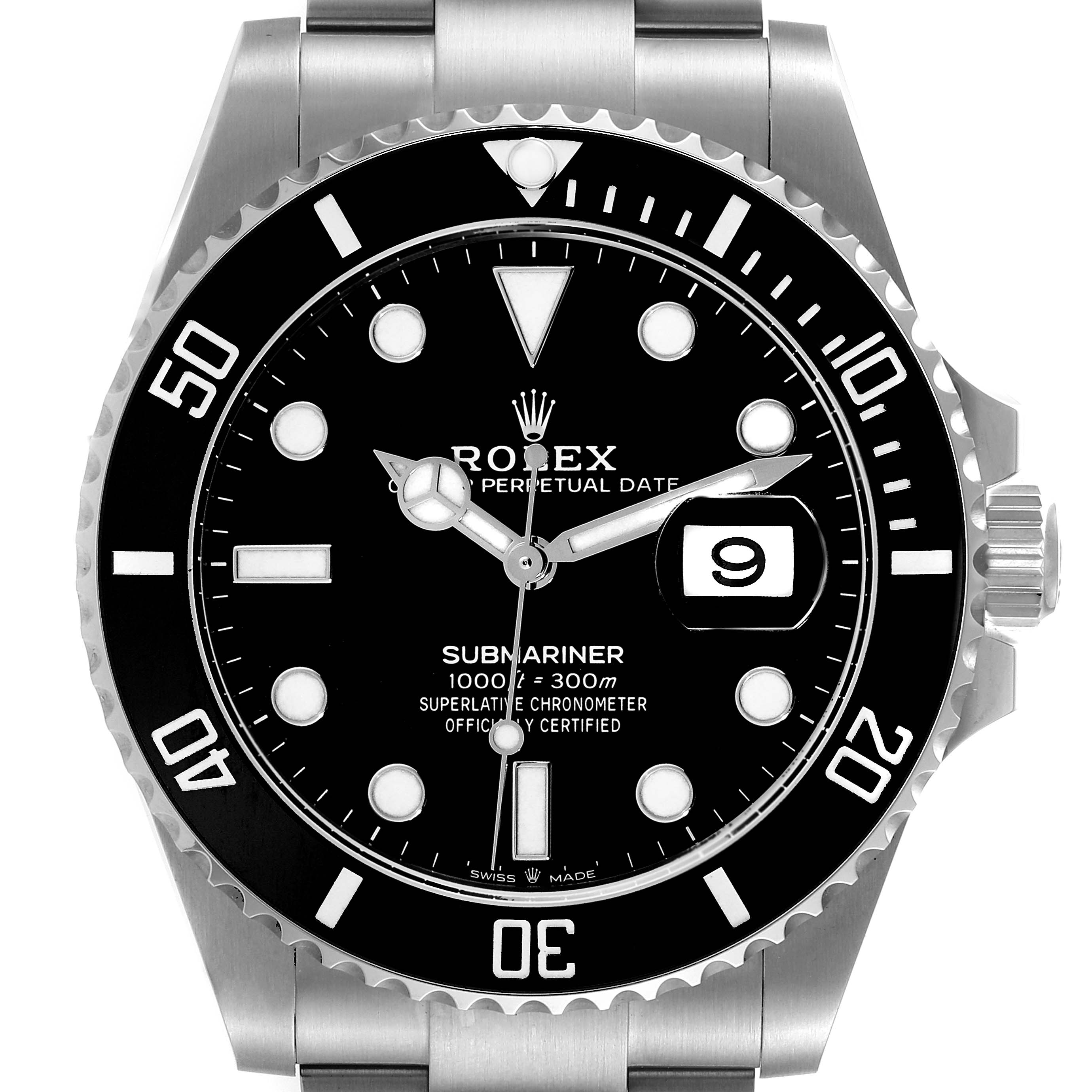 The image shows a front view of the Rolex Submariner 126610 Men
s Stainless Steel Black Dial 126610 Men
s Stainless Steel Black Dial watch, highlighting the black dial, bezel, and date display at 3 o
clock.
