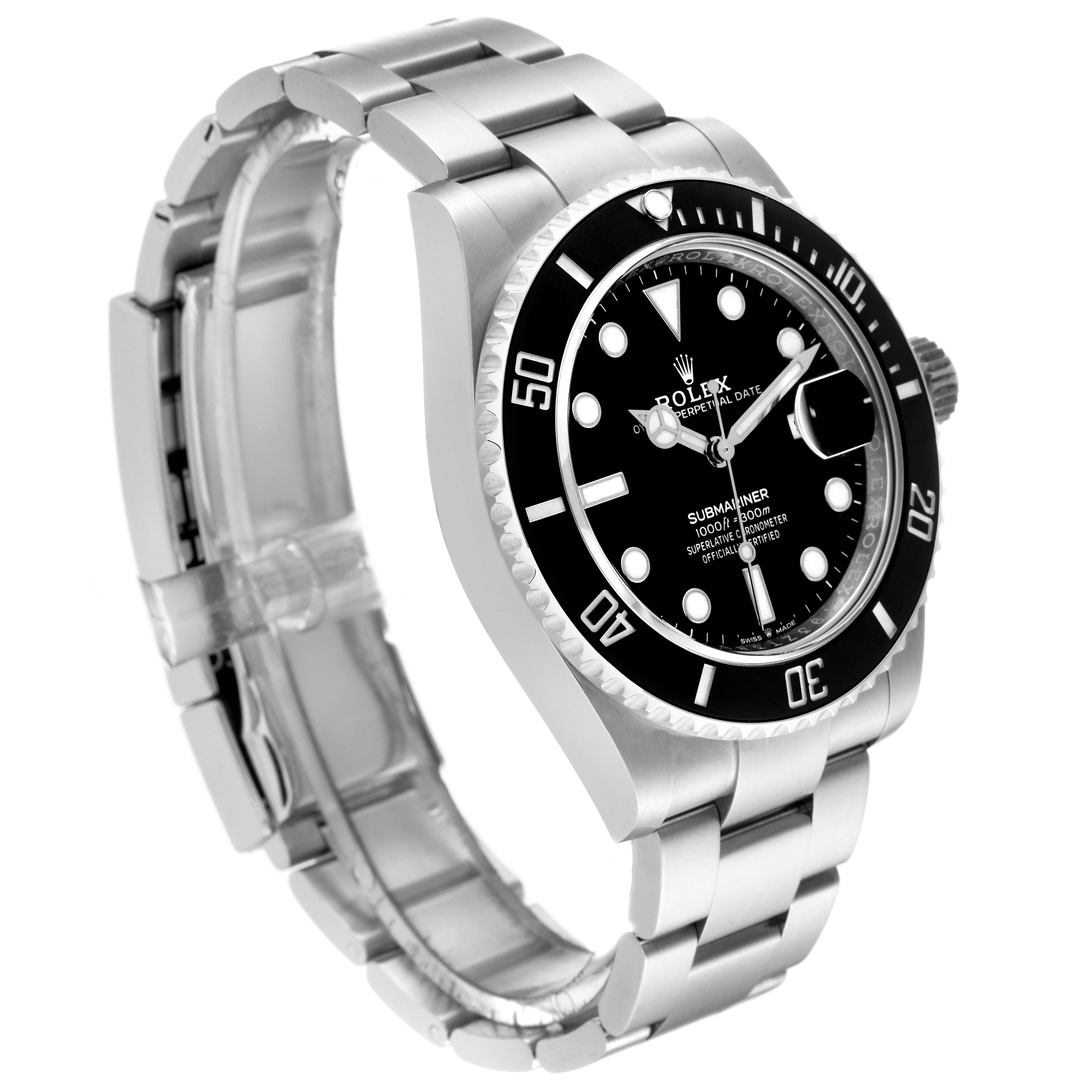 The image shows a Rolex Submariner 126610 Men
s Stainless Steel Black Dial 126610 Men
s Stainless Steel Black Dial watch from a three-quarter angle, displaying the dial, bezel, crown, and bracelet.