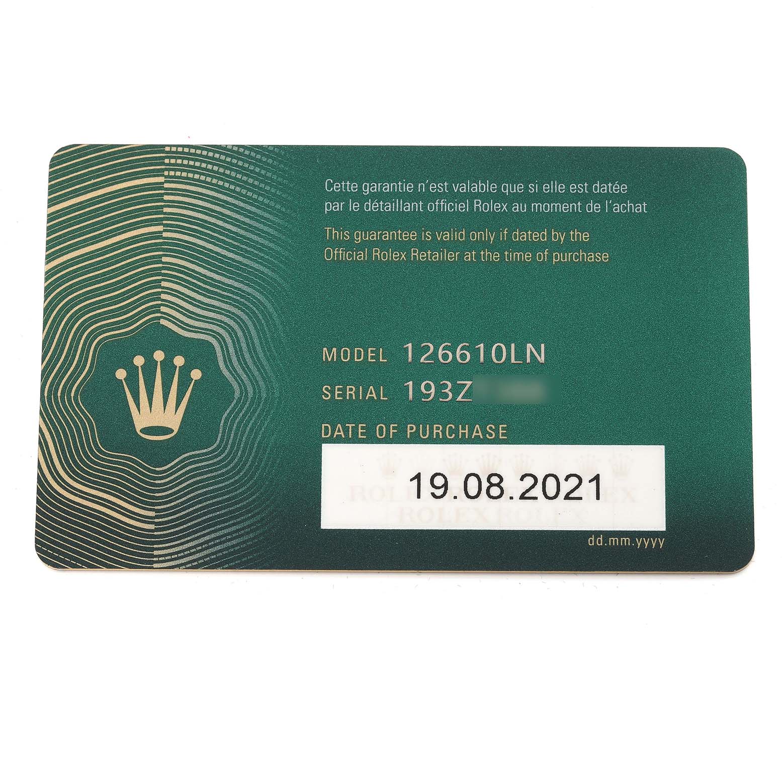 The image shows a warranty card for the Rolex Submariner 126610 Men
s Stainless Steel Black Dial 126610 Men
s Stainless Steel Black Dial model 126610LN, including the serial number and purchase date.