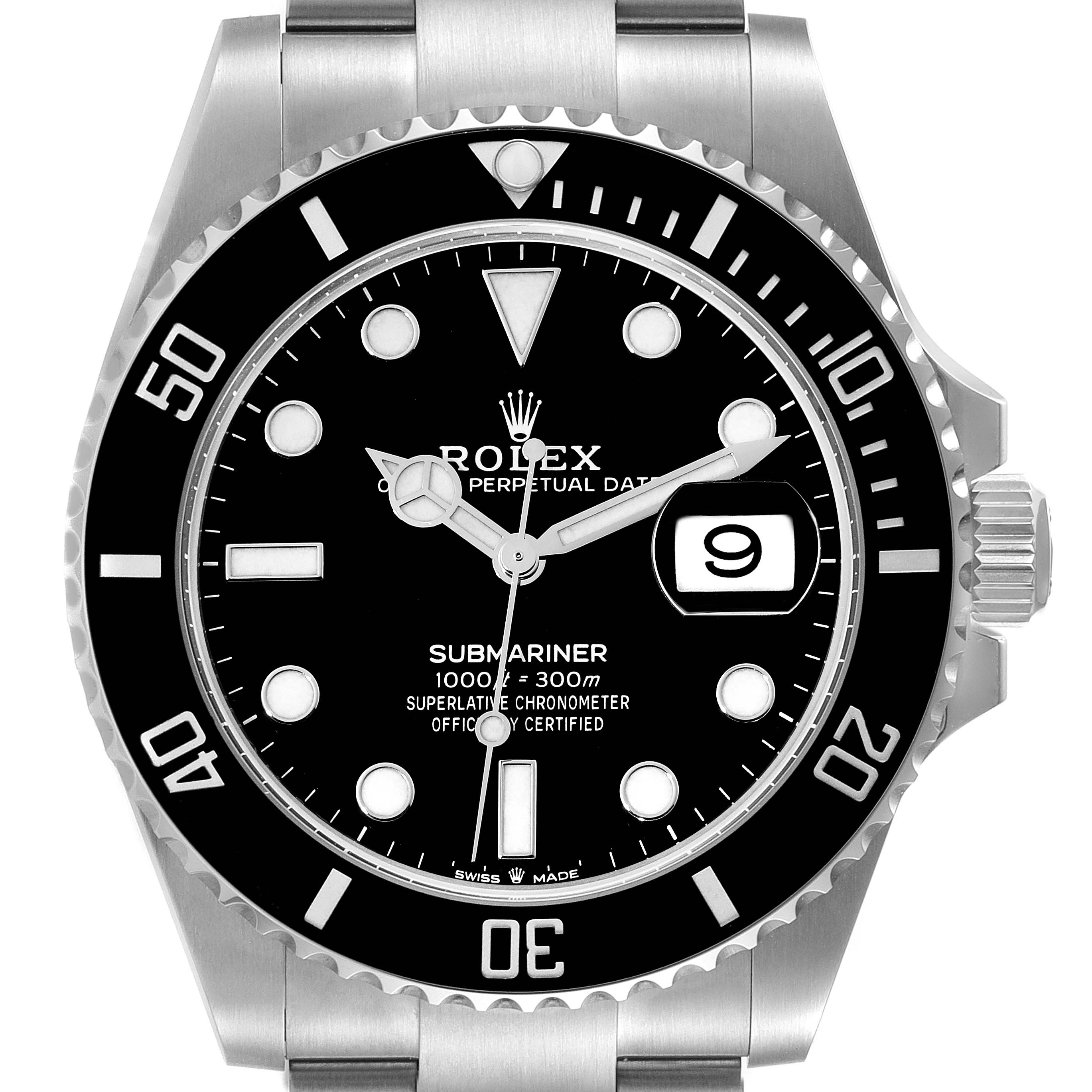 The image shows a front view of the Rolex Submariner 126610 Men
s Stainless Steel Black Dial 126610 Men
s Stainless Steel Black Dial watch, highlighting the dial, bezel, and date window.