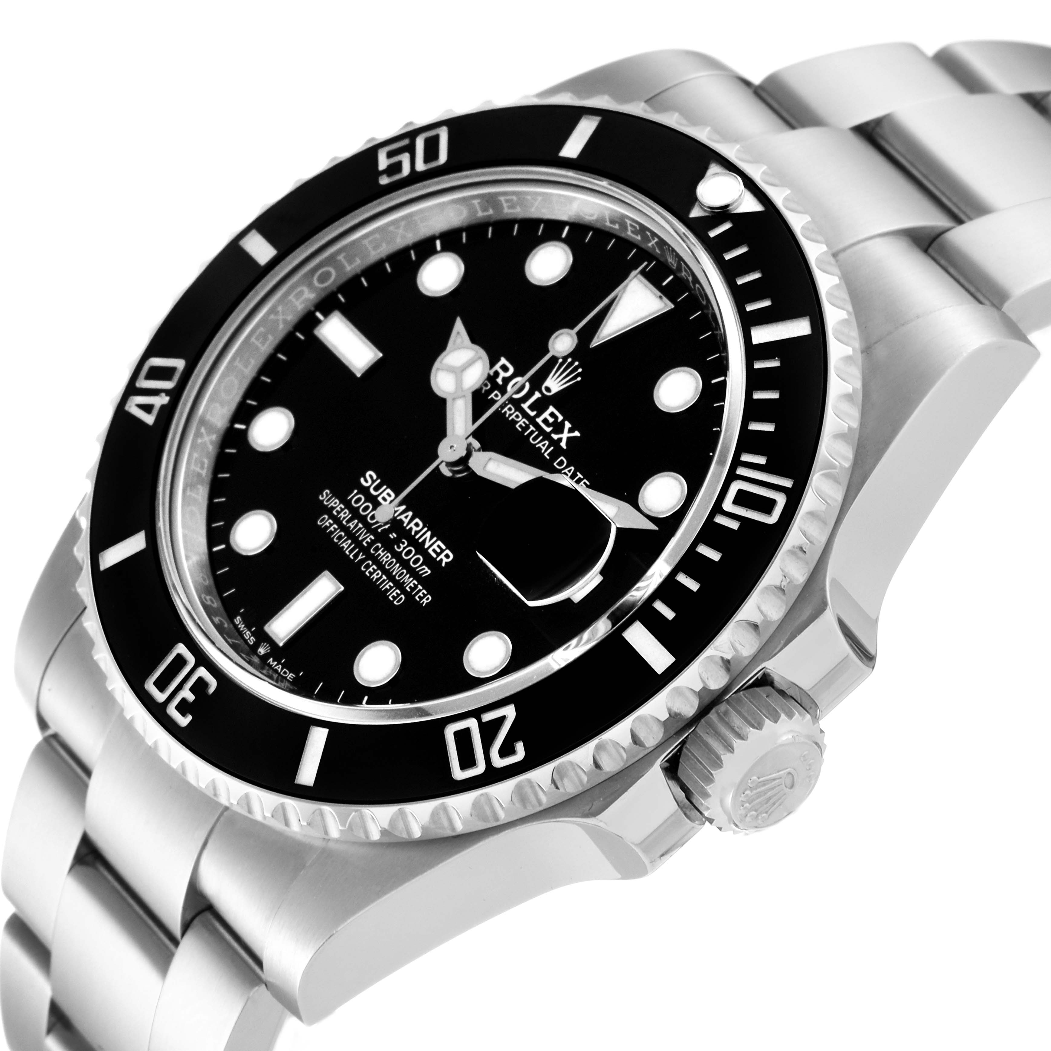 The image shows a Rolex Submariner 126610 Men
s Stainless Steel Black Dial 126610 Men
s Stainless Steel Black Dial watch at an angle highlighting the black bezel, face, crown, and bracelet.