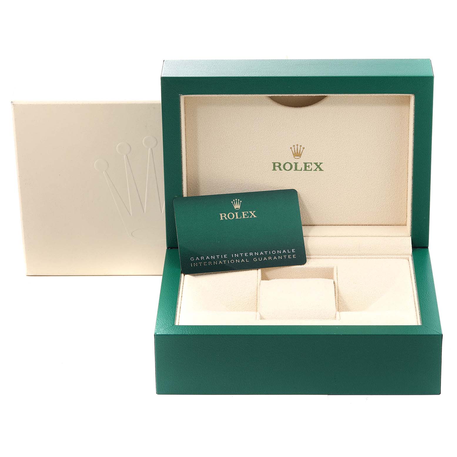 The image shows the opened packaging box for a Rolex Submariner 126610 Men
s Stainless Steel Black Dial 126610 Men
s Stainless Steel Black Dial, along with the international guarantee card.