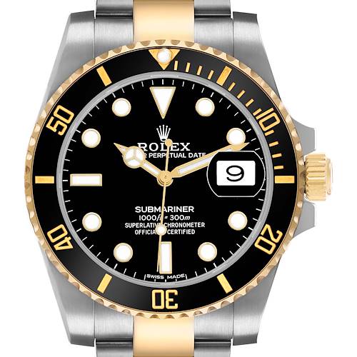 This Rolex Submariner 116613LN Men's Steel and Gold (two tone) Black Dial watch is shown from a front angle, highlighting the dial, bezel, crown, and part of the bracelet.