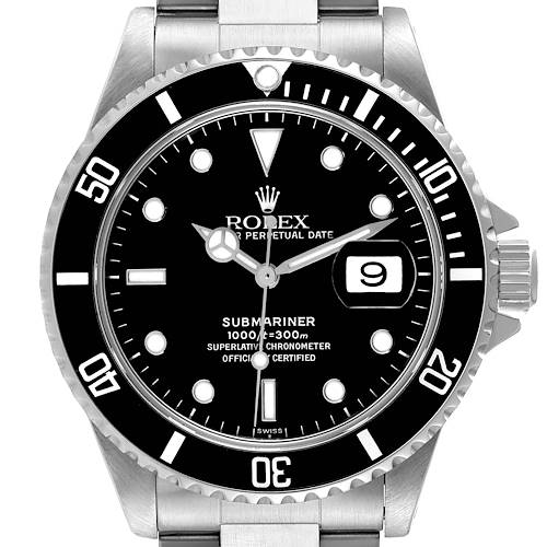 The image shows a front view of a Rolex Submariner watch, highlighting its dial, bezel, and date window.