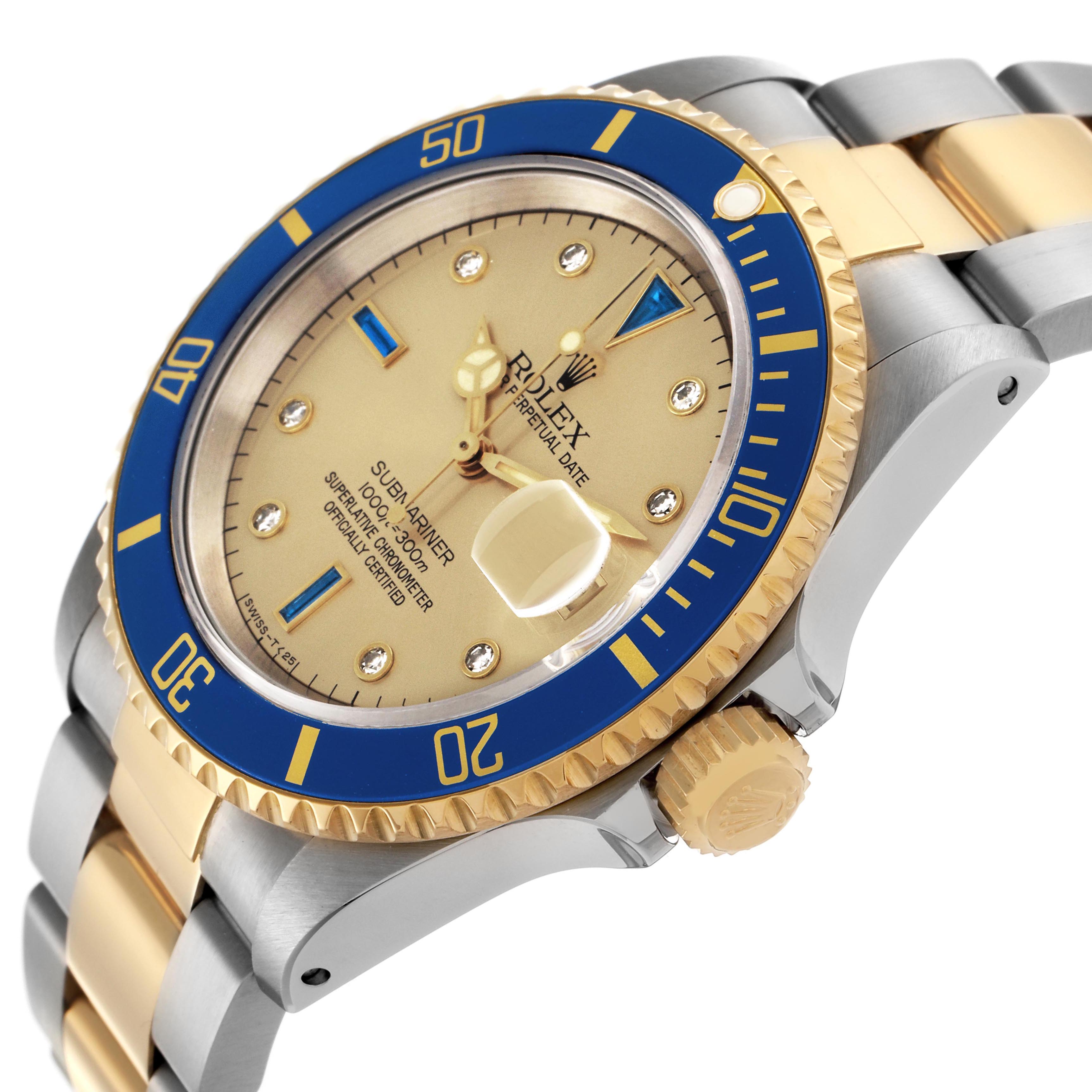 The Rolex Submariner 16613 Men
s Steel and Gold (two tone) Champagne Dial 16613 Men
s Steel and Gold (two tone) Champagne Dial watch is shown at a slight angle, displaying the bezel, crown, dial, and bracelet.