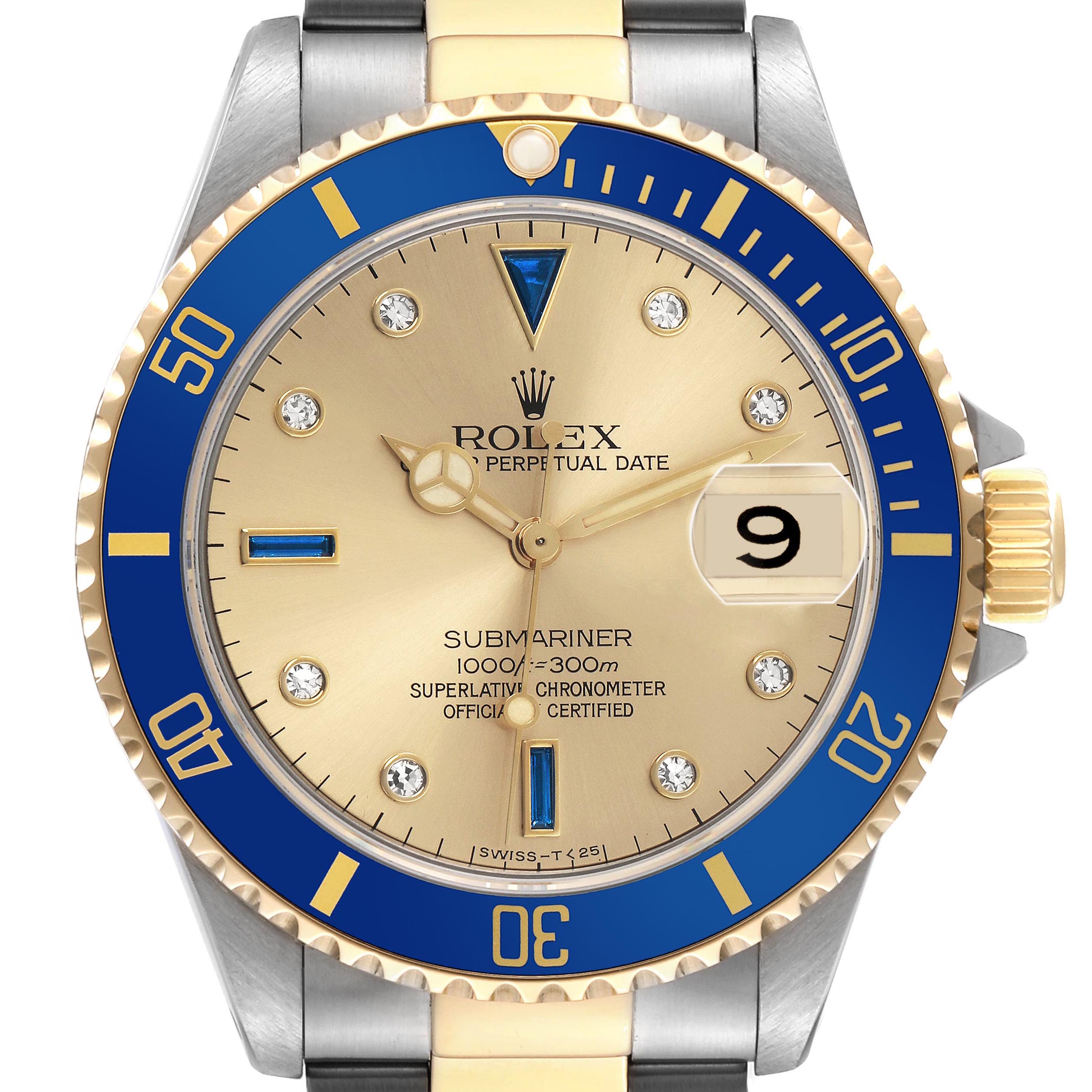 The image shows a front view of a Rolex Submariner 16613 Men
s Steel and Gold (two tone) Champagne Dial 16613 Men
s Steel and Gold (two tone) Champagne Dial watch, highlighting its blue bezel and gold-colored dial.
