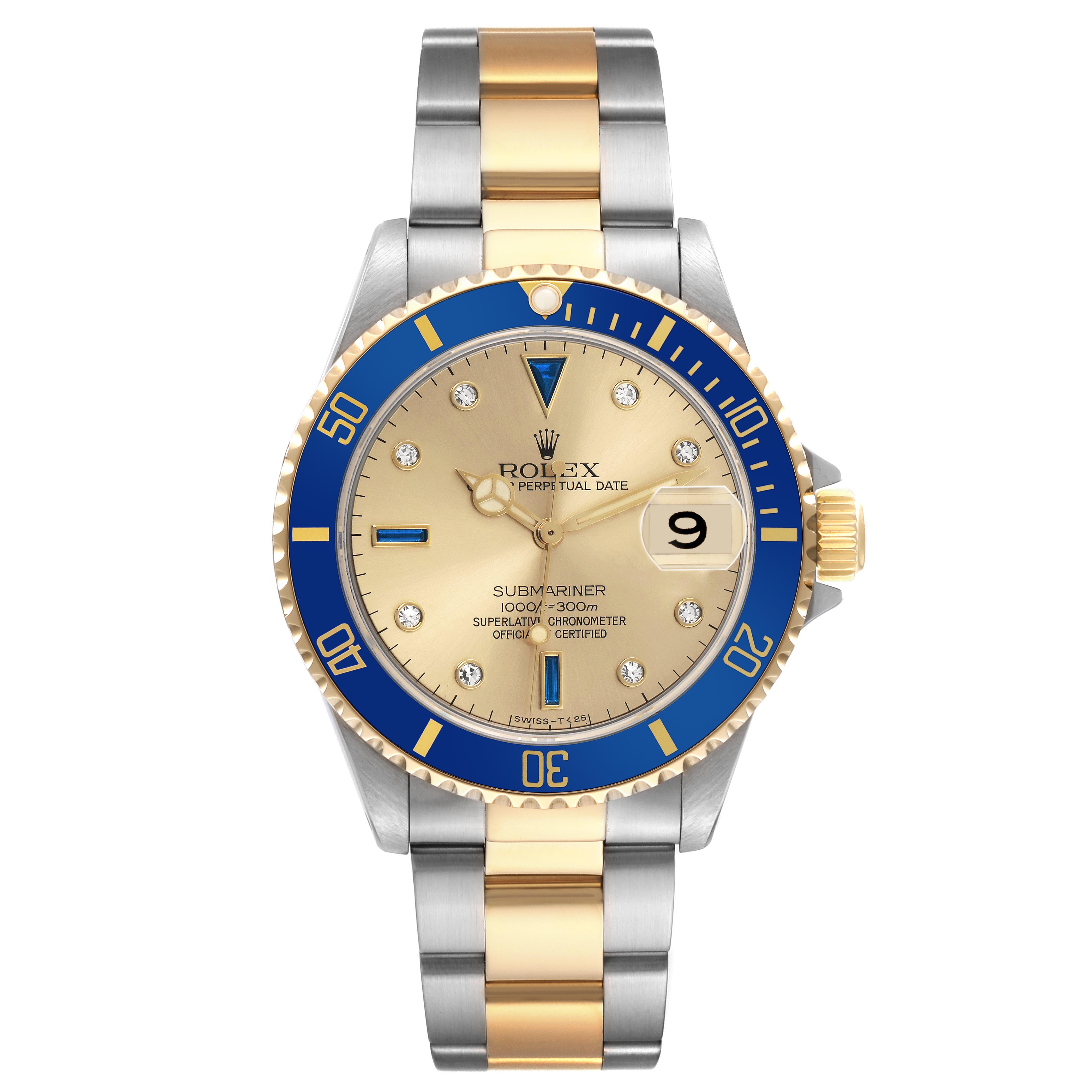 The Rolex Submariner 16613 Men
s Steel and Gold (two tone) Champagne Dial 16613 Men
s Steel and Gold (two tone) Champagne Dial watch is shown from the front, highlighting its dial, bezel, and bracelet.
