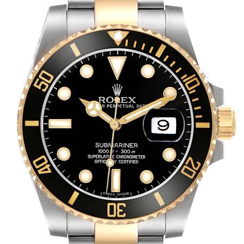 The Rolex Submariner 116613LN Men's Steel and Gold (two tone) Black Dial watch is shown from a front angle, highlighting its bezel, dial, hands, and date window.