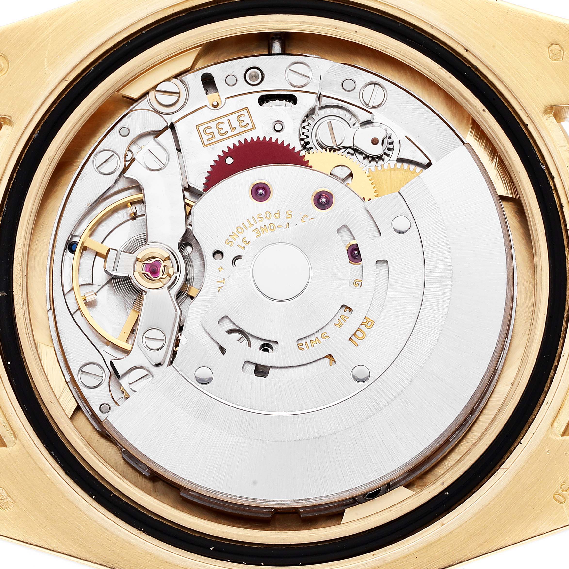 This image shows the internal movement mechanism of a Rolex Submariner 116618 Men's Yellow Gold Blue Dial 116618 Men's Yellow Gold Blue Dial watch from a top-down angle.