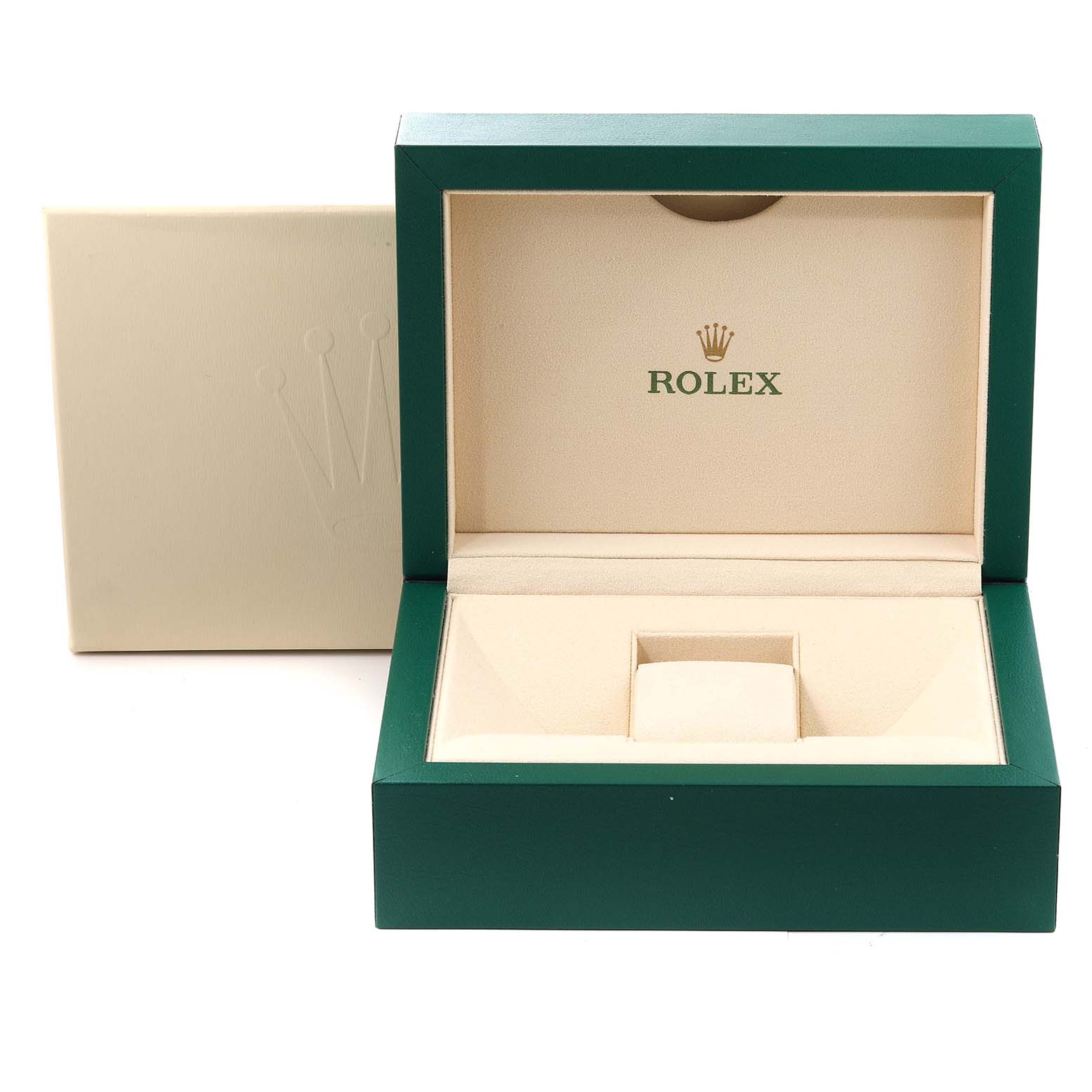 The image shows an open green and beige Rolex box for the Submariner model, with the Rolex logo inside.